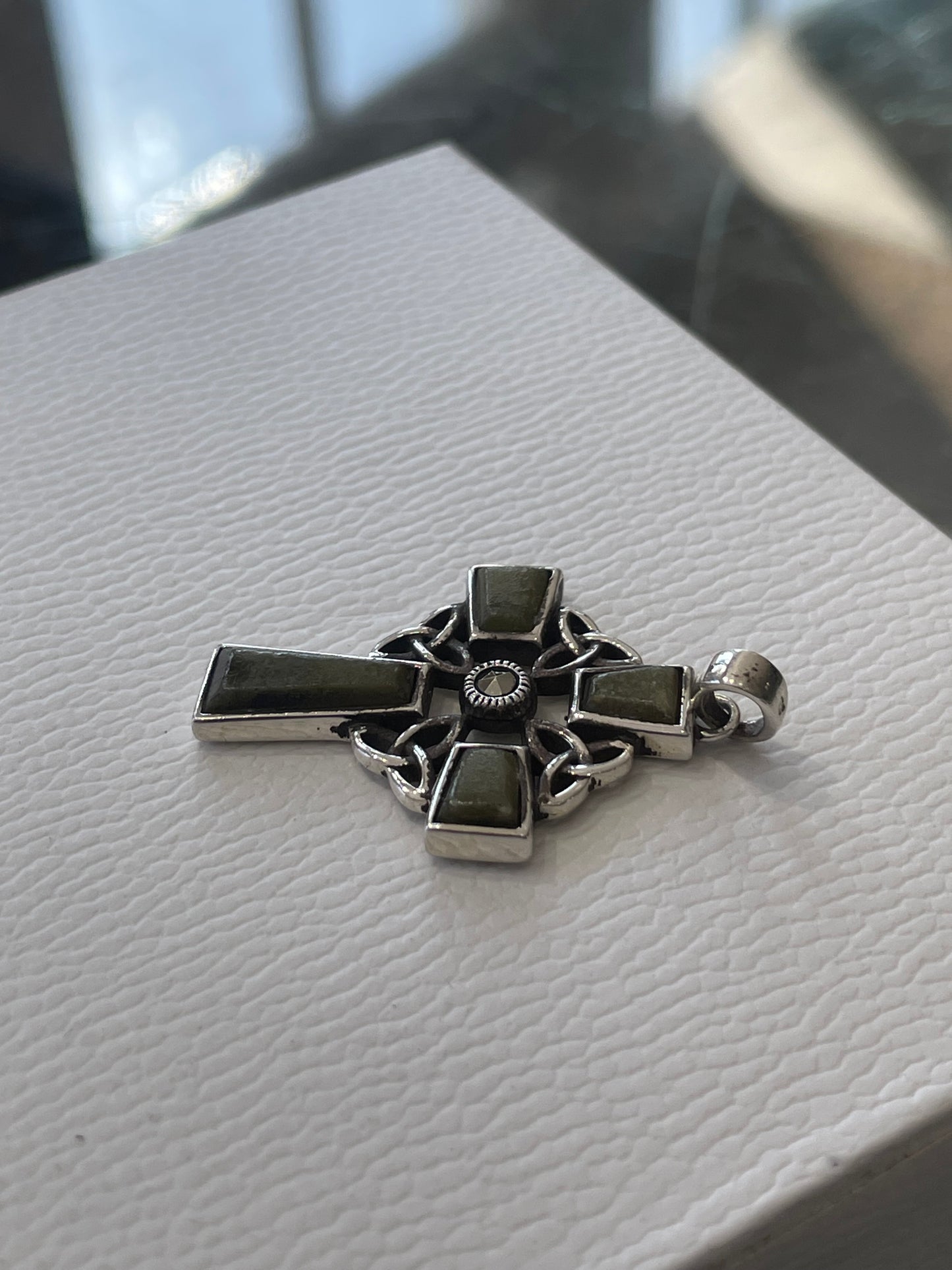 925 Sterling Silver Made In Ireland Green Marble & Marcasite Cross Pendant