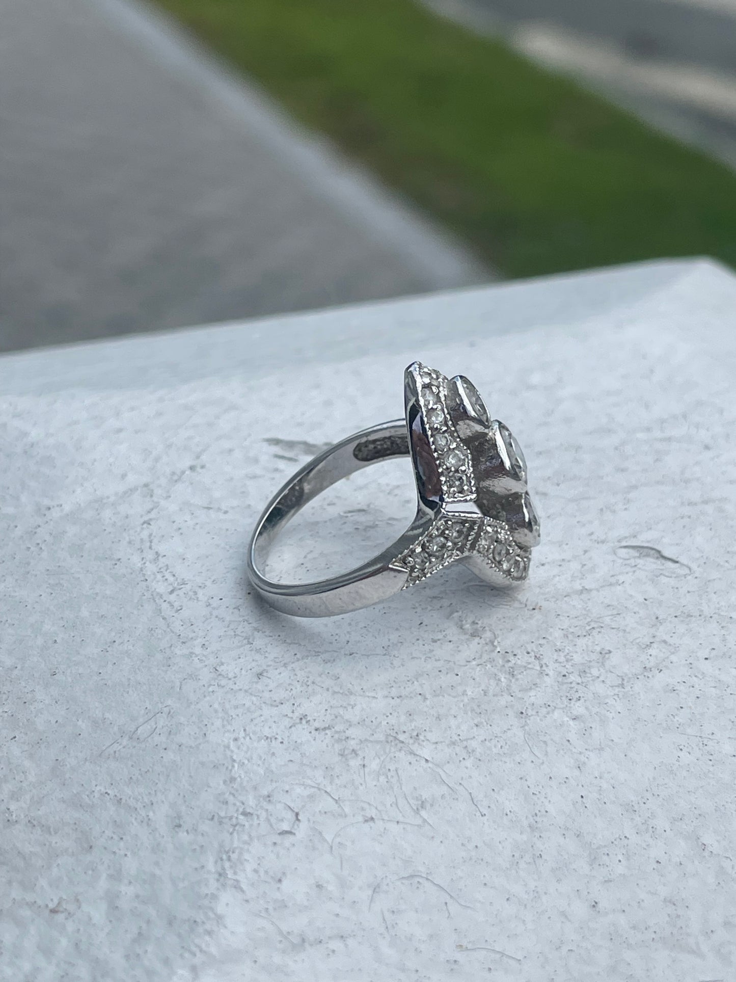 925 Sterling Silver Modern Art Deco Cz Past Present Future Ring Size 7.25