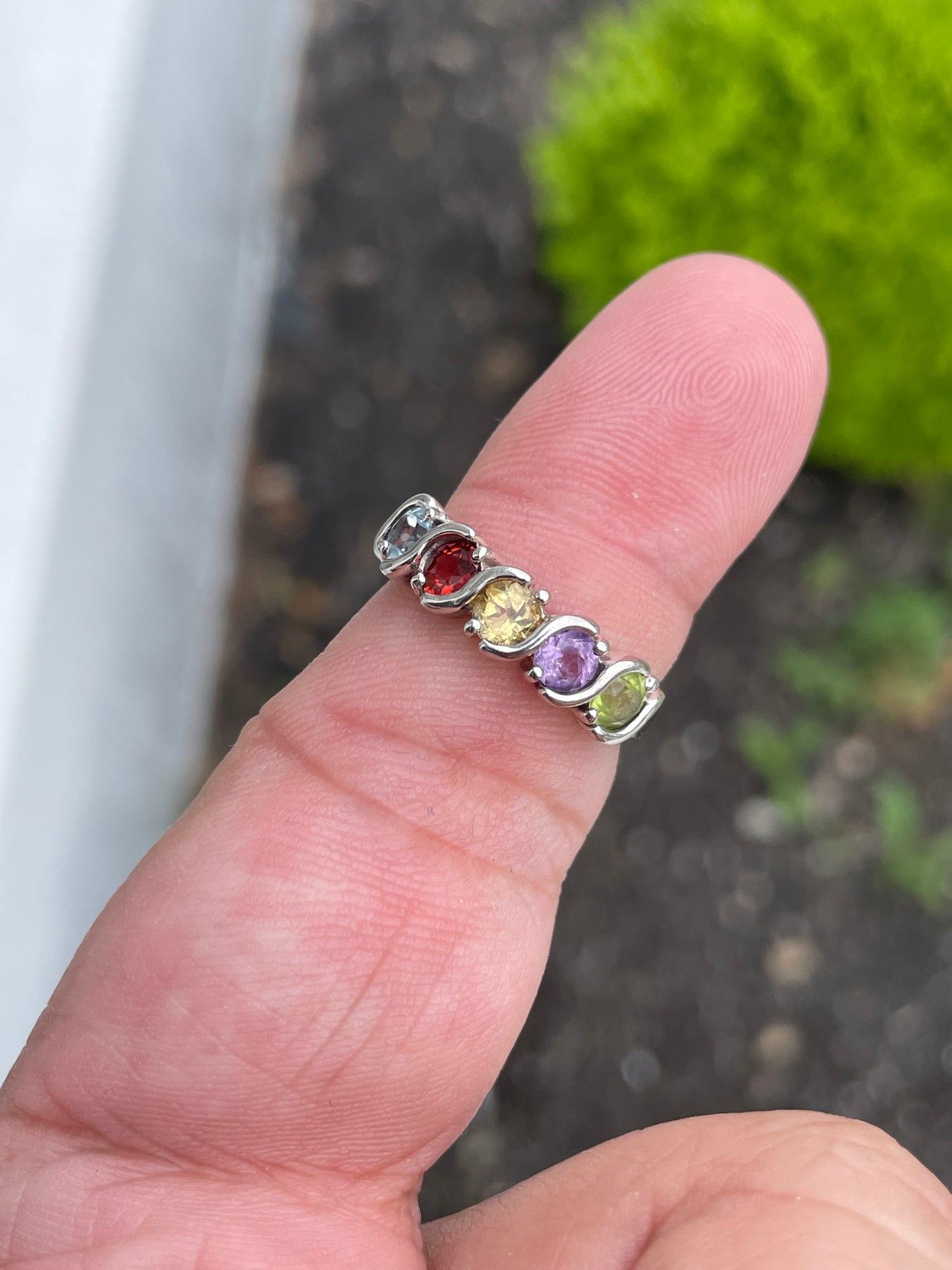 925 Sterling Silver Natural Multi Color Stones Band Ring Size 7