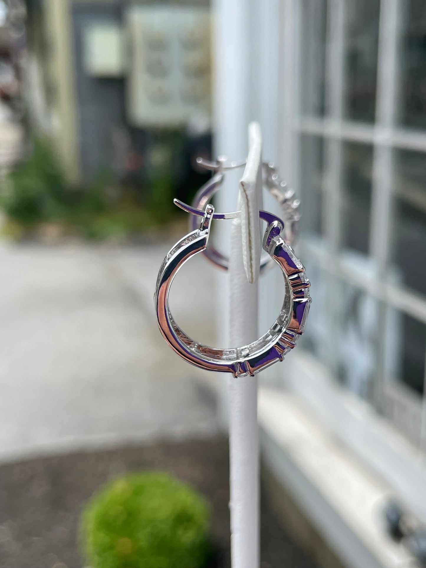 925 Sterling Silver Triple Row Sparkling Baguettes Zirconia Hoop Earrings