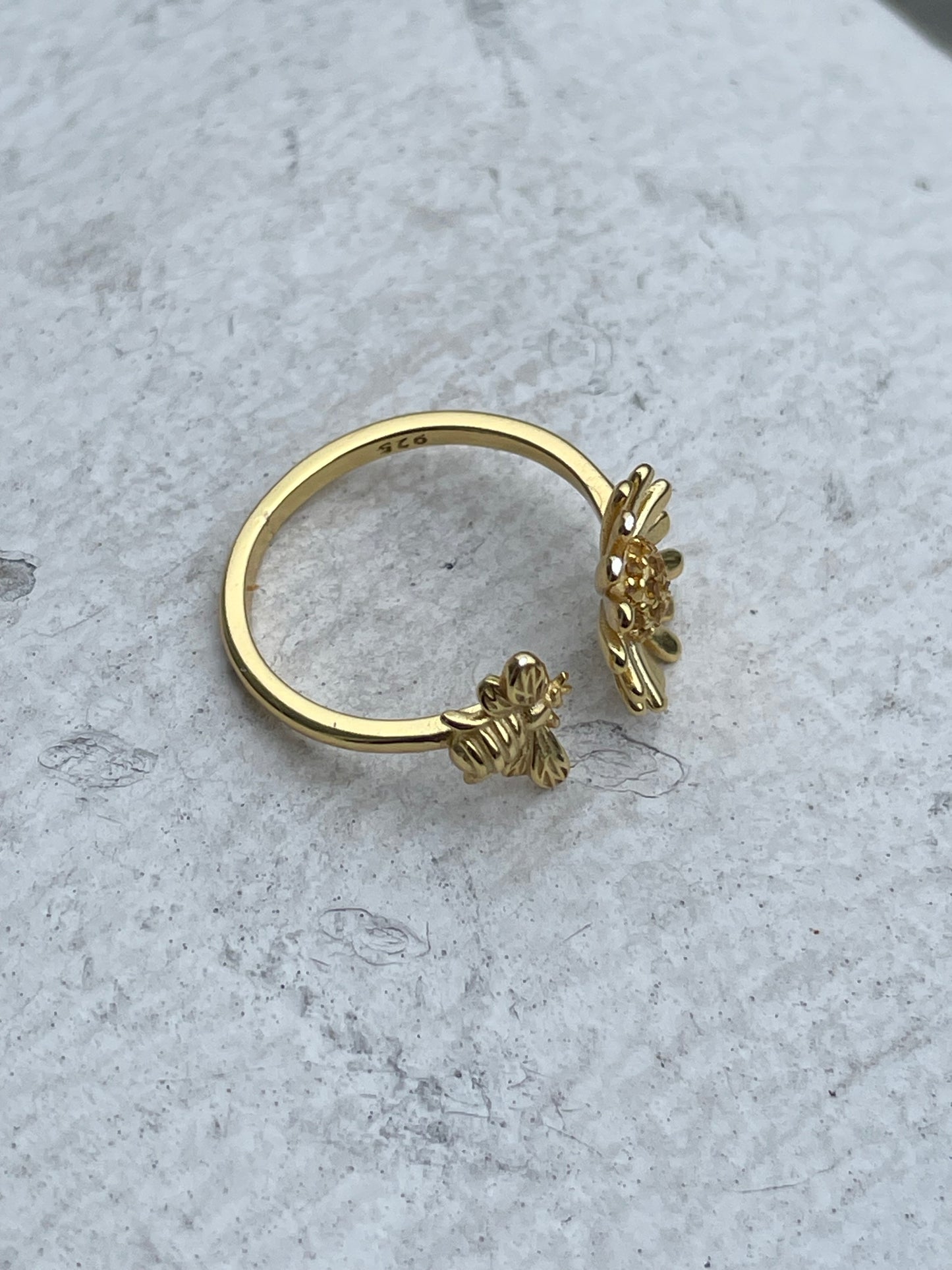 925 Sterling Silver Vermeil Wrap Around Sunflower Bee Ring Open Size
