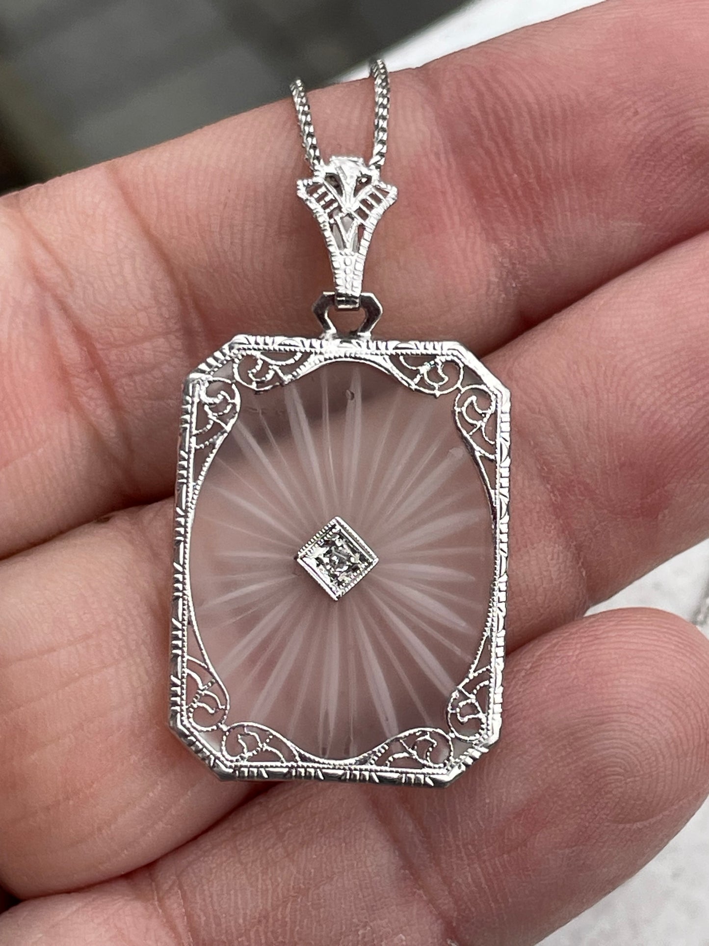 Antique 14k White Gold & Diamond Camphor Glass Necklace
