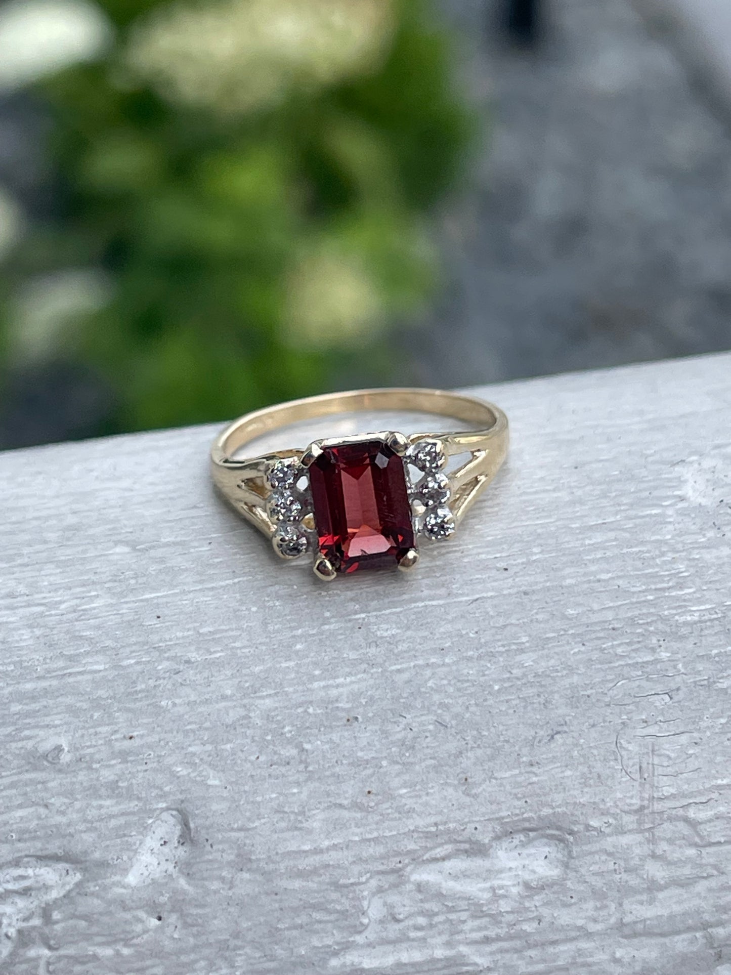 14k Gold Emerald Cut Garnet & Diamond Ring
