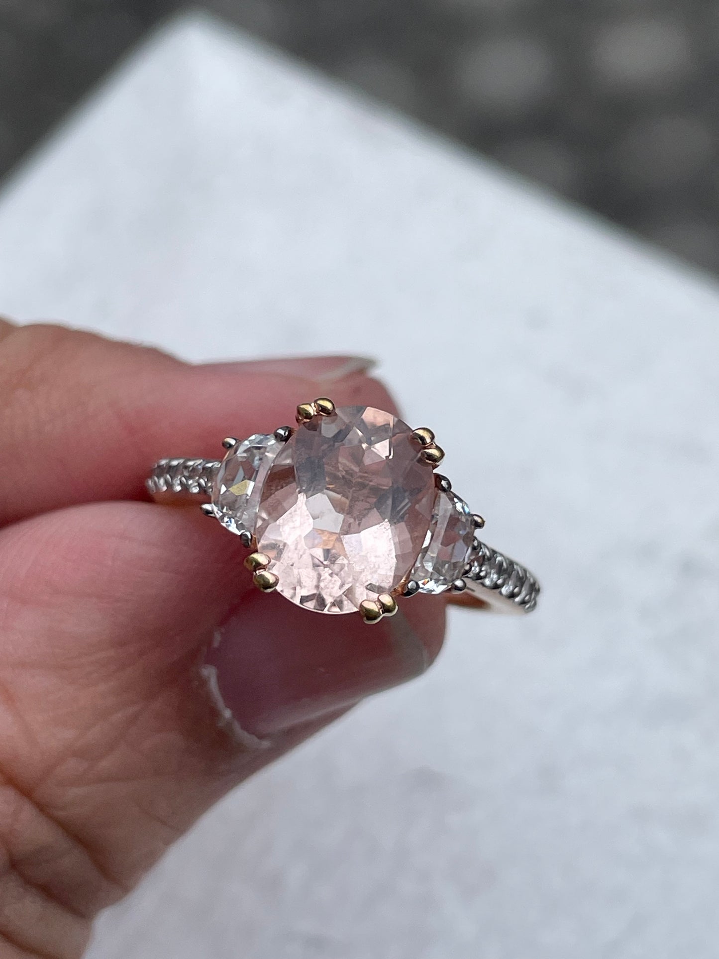 925 Sterling Silver Rose Vermeil Morganite & CZ Past Present Future Ring Size 7