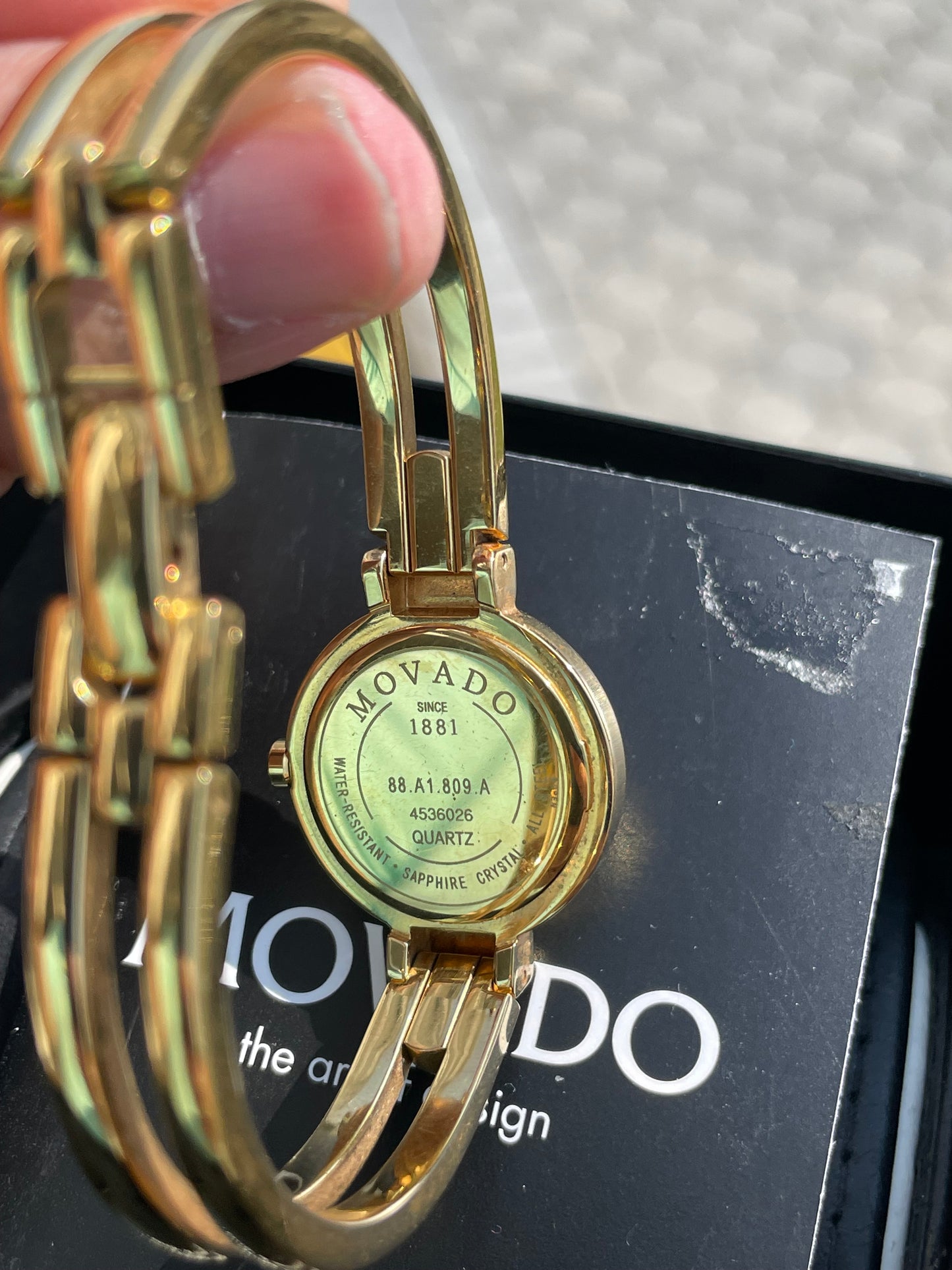 Preowned Ladies Movado Gold tone Harmony Watch 88.A1.809.A 6.5” Wrist w/ Box and Manual