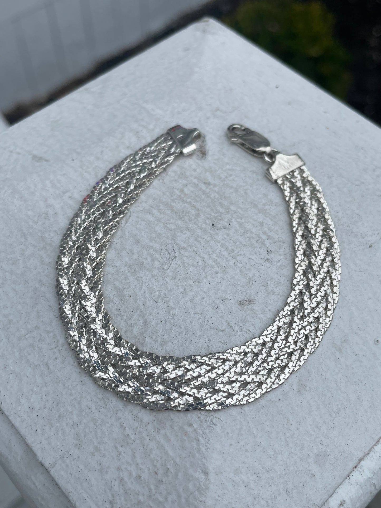 925 Sterling Silver 8-Strand Diamond Cut Flat Braided Bracelet 7”