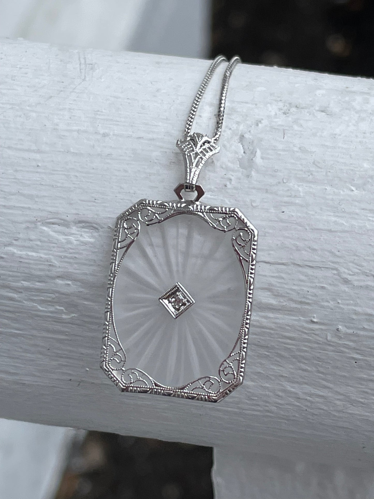 Antique 14k White Gold & Diamond Camphor Glass Necklace