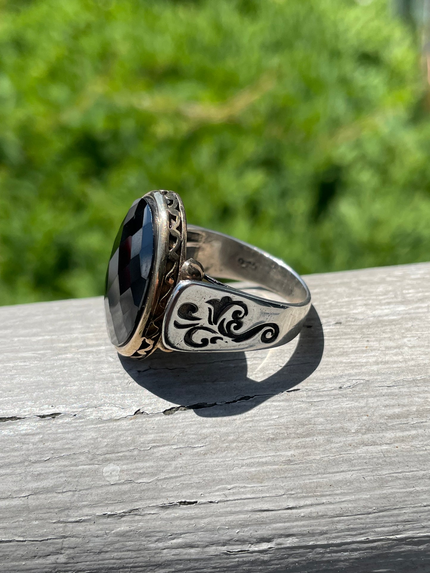 925 Sterling Silver & Yellow Brass Large Oval Hematite Ring