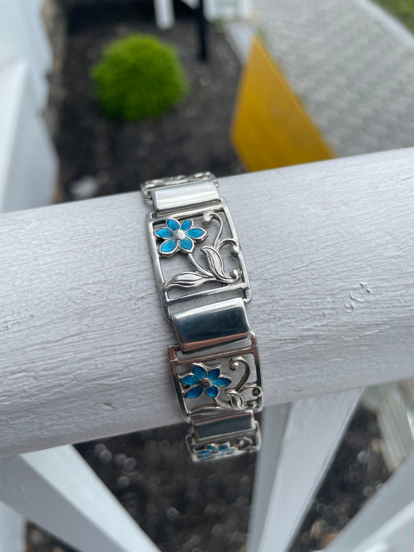 Designer Fir Munksgaard Denmark 925 Sterling Silver 309 Blue Flower Bracelet 6.75”