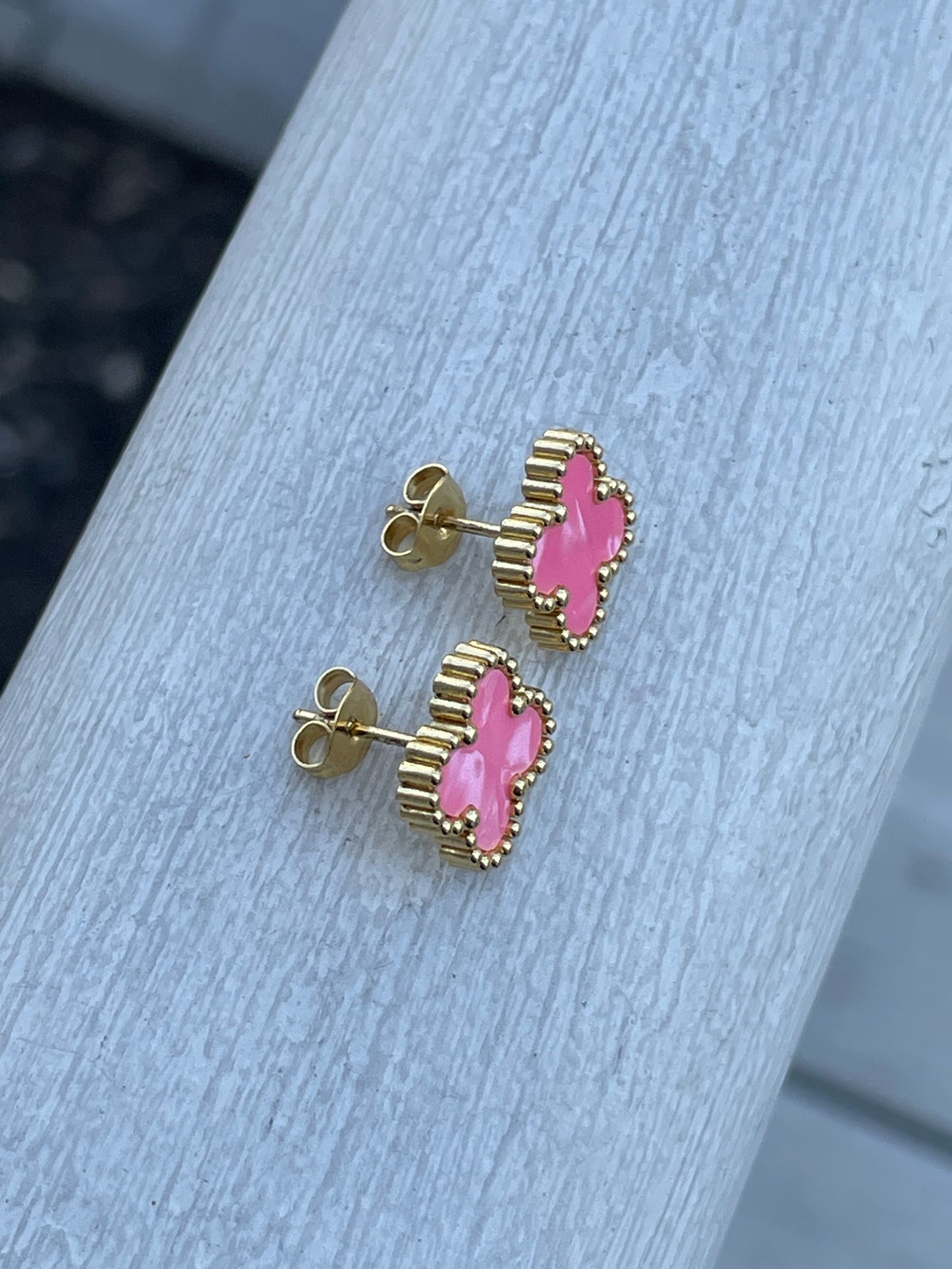 Stainless Steel Vermeil Van Cleef Style Pink Clover Earrings