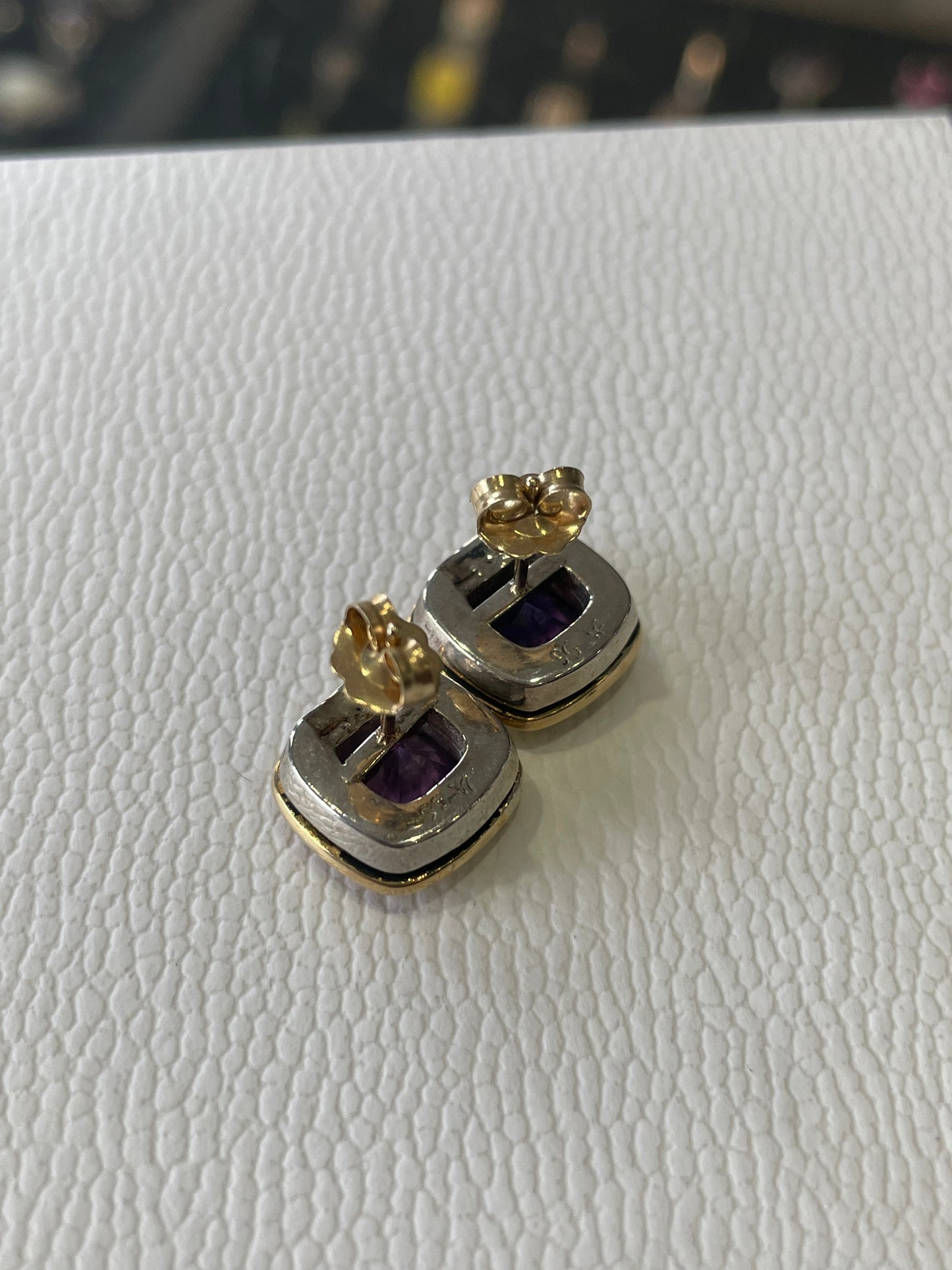 14k Gold & 925 Sterling Silver Bezel Set Amethyst Stud Earrings