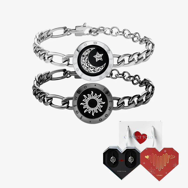 Sun & Moon Touch Bracelets with Figaro Chain (Black+Silver)