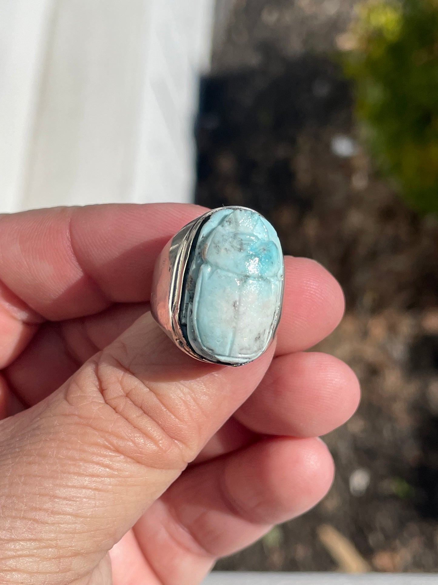 925 Sterling Silver Handmade Larimar Scarab Ring Size 7.5