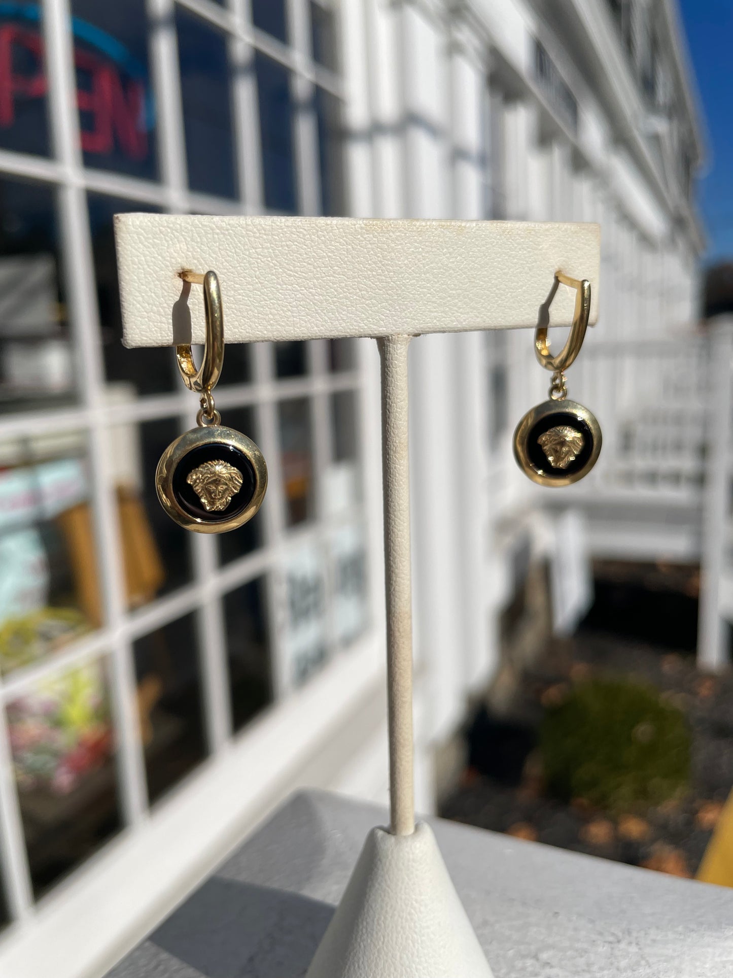14k Gold Versace Style Logo Black Onyx Dangle Earrings