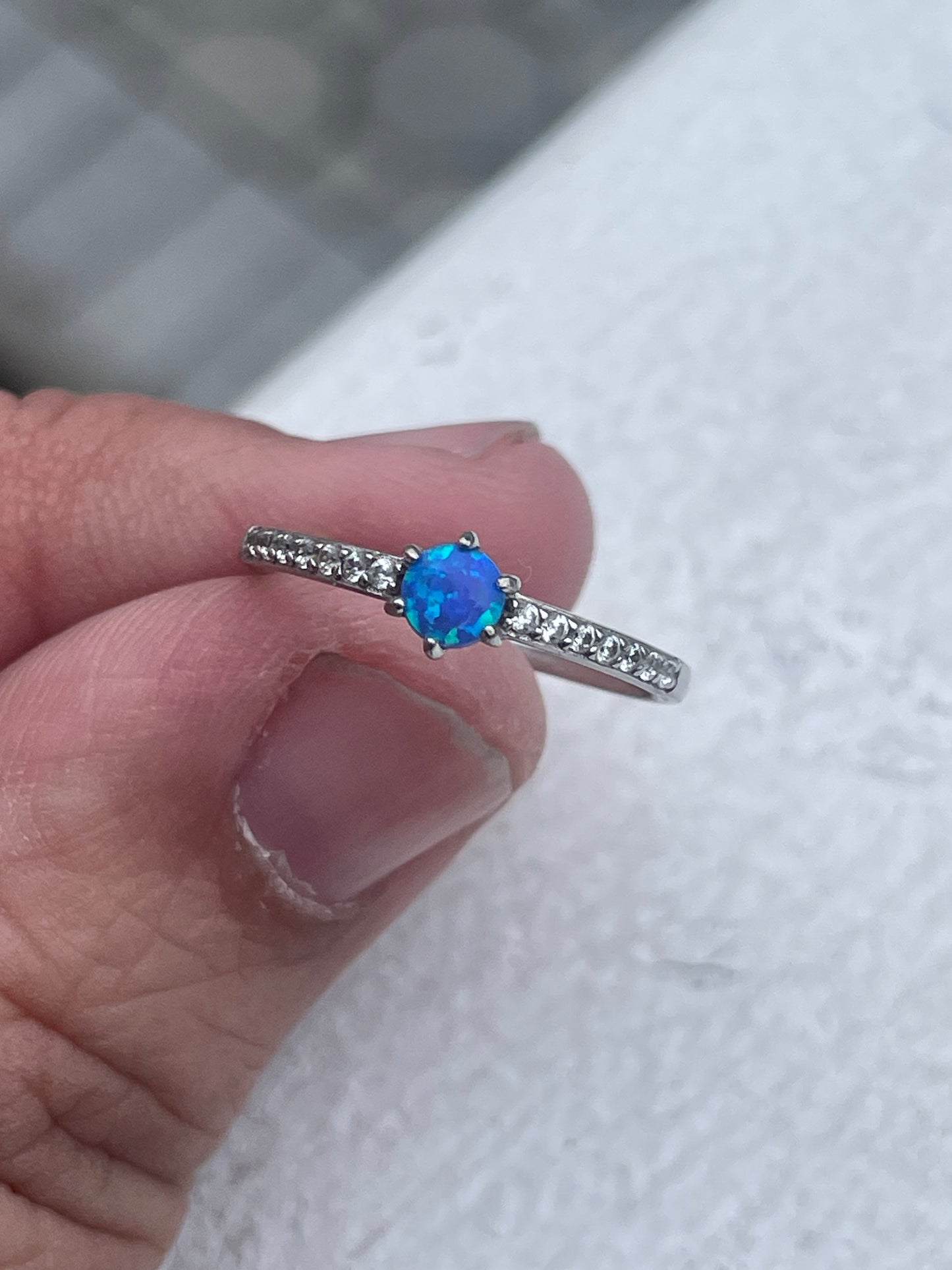 925 Sterling Silver Blue Opal & Cz Stack Ring Size 6