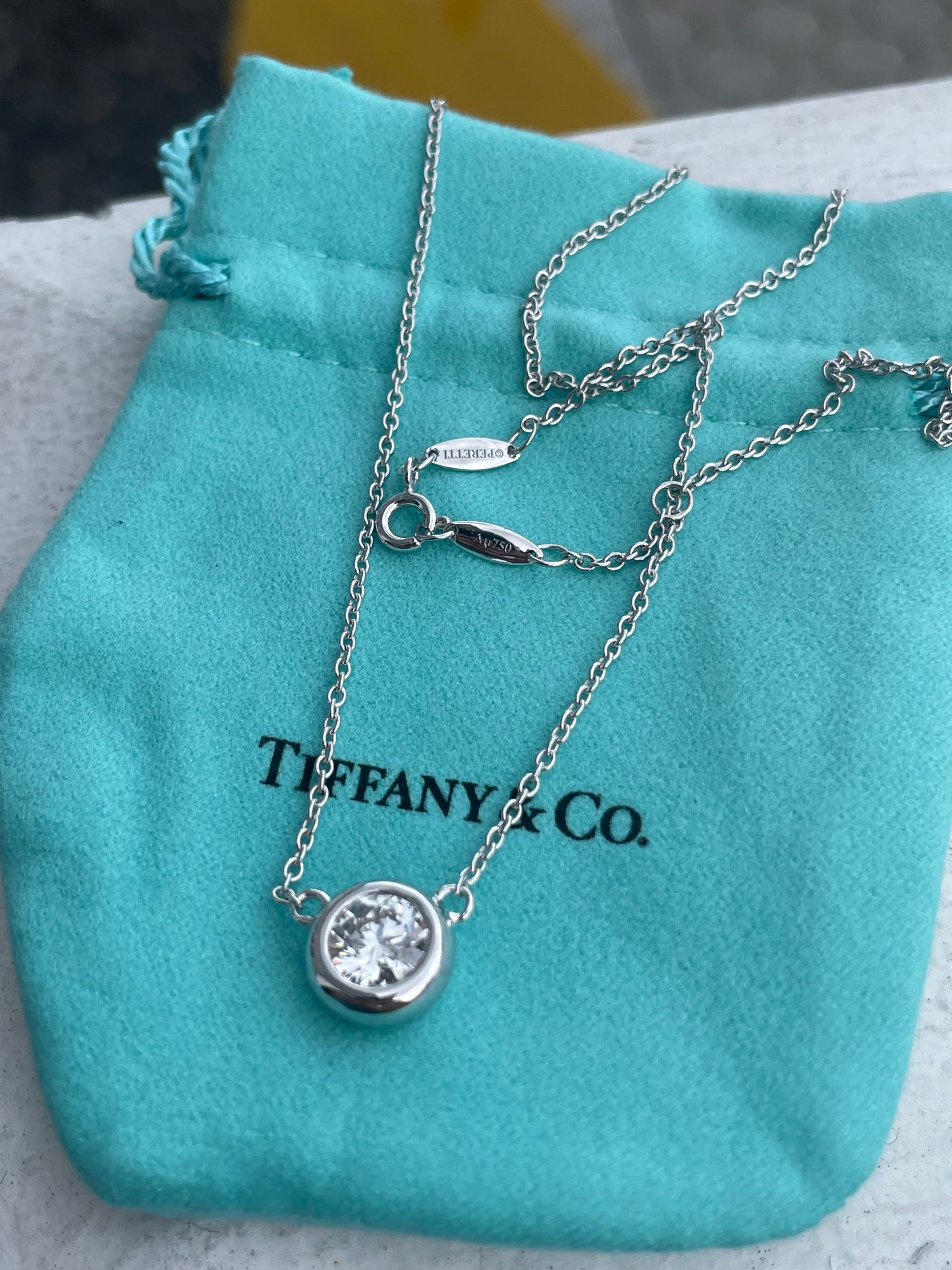 Tiffany & Co. 18k White Gold 1.00ct Bezel Set Solitaire Lab Grown Diamond Necklace