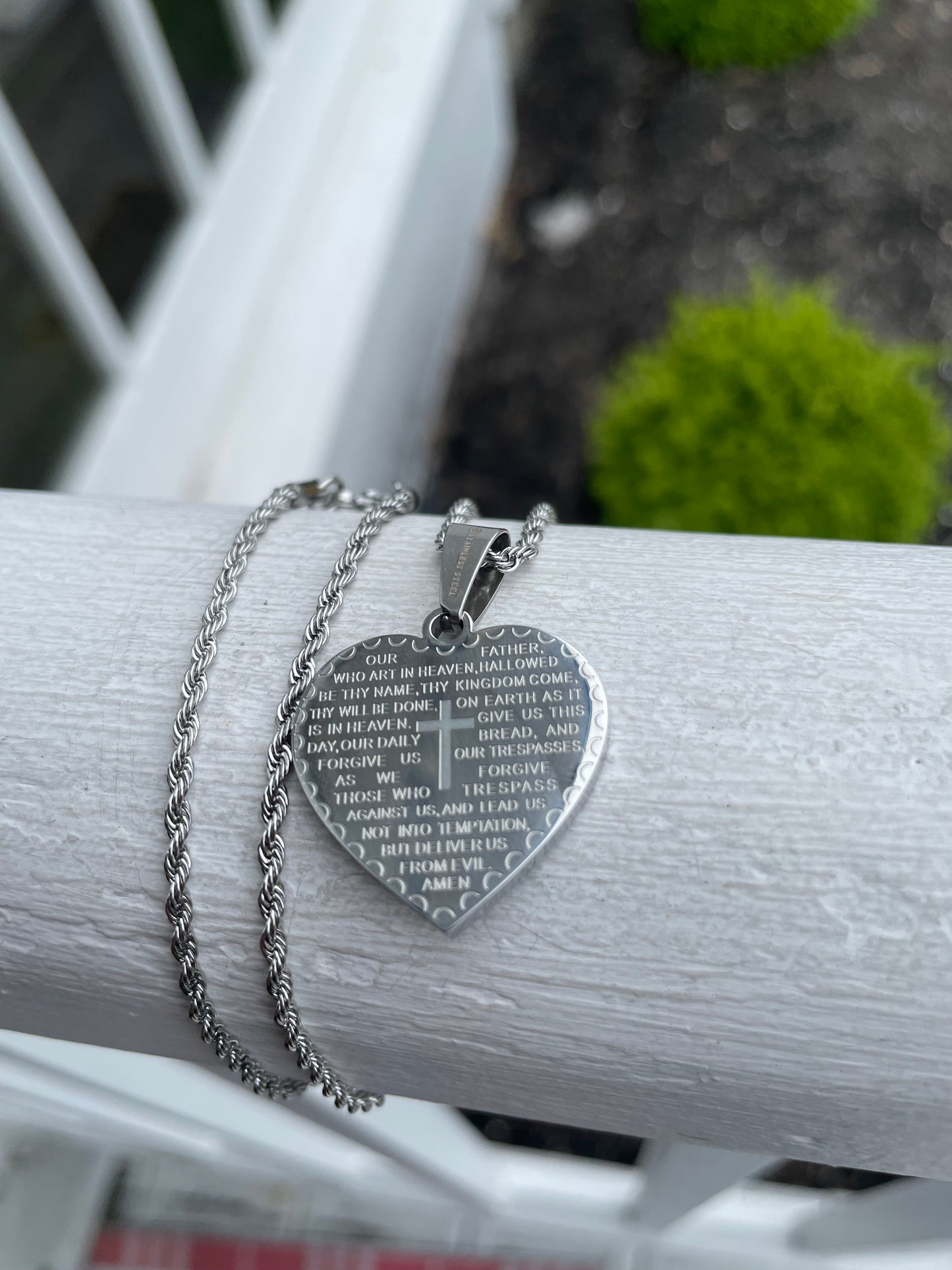 Stainless Steel Lord’s Prayer Heart Necklace 17”