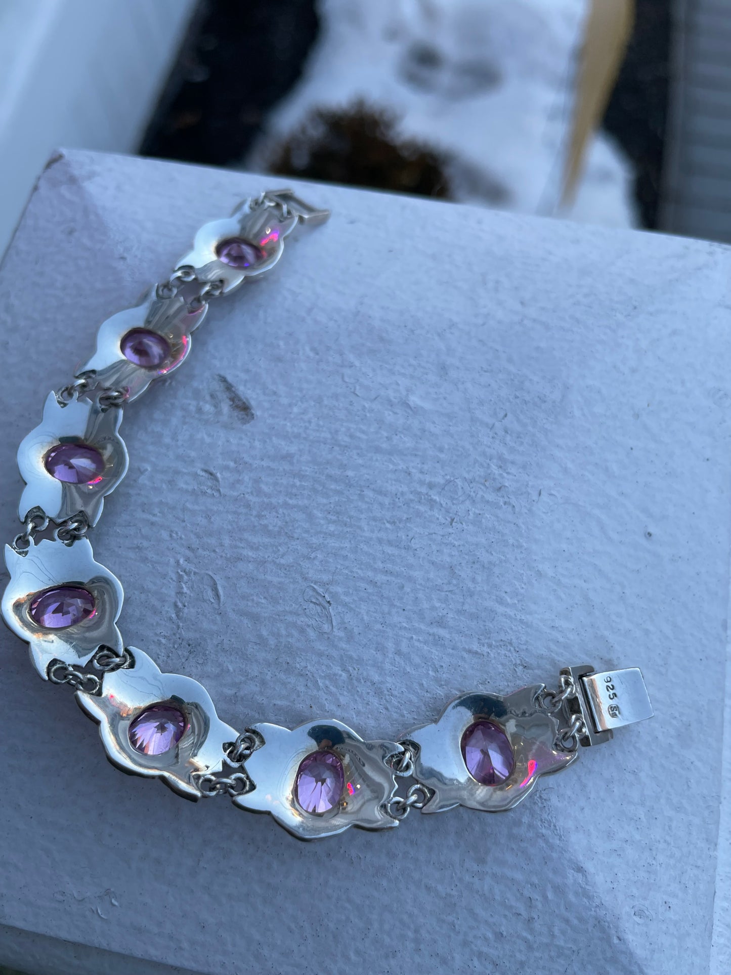 925 Sterling Silver Vintage Pink Cz & Marcasite Signet Bracelet 6.75”