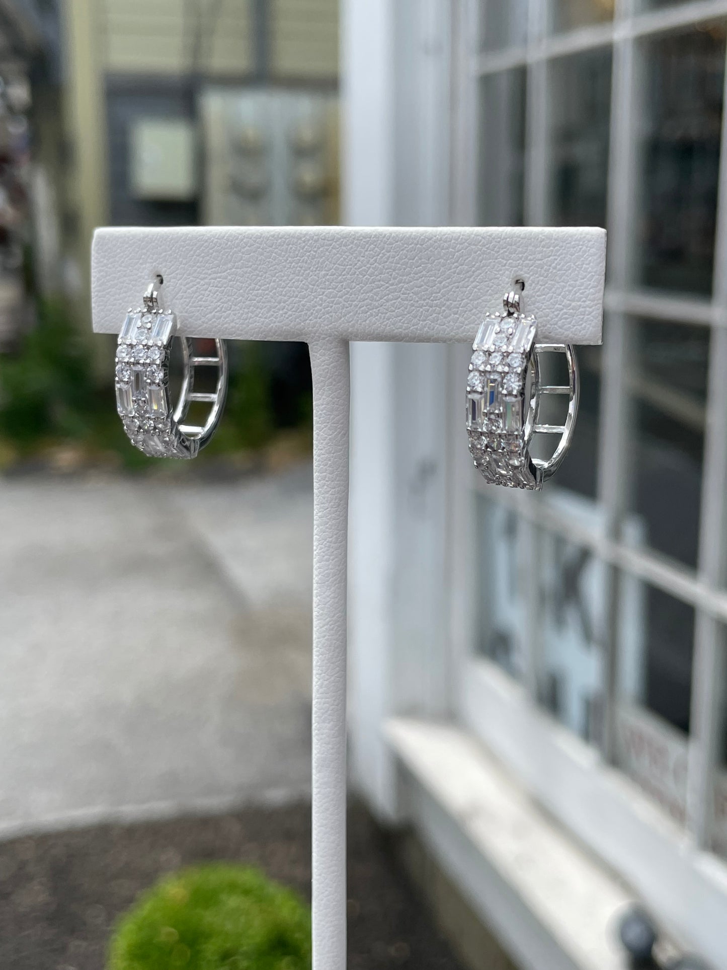 925 Sterling Silver Triple Row Sparkling Baguettes Zirconia Hoop Earrings