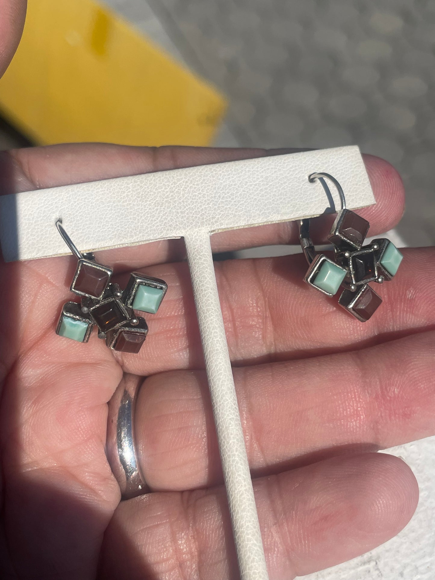 Vintage 925 Sterling Silver Turquoise, Carnelian, and Brown Quartz Cluster Dangle Earrings