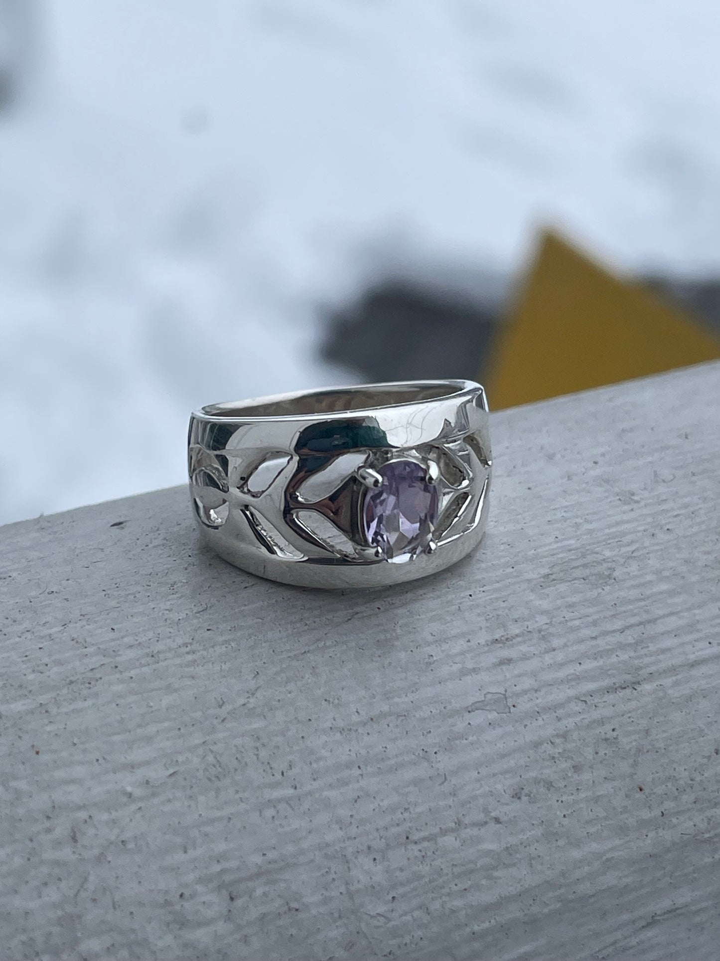 Designer NF 925 Sterling Silver Openwork Amethyst Band Ring Size 7.5