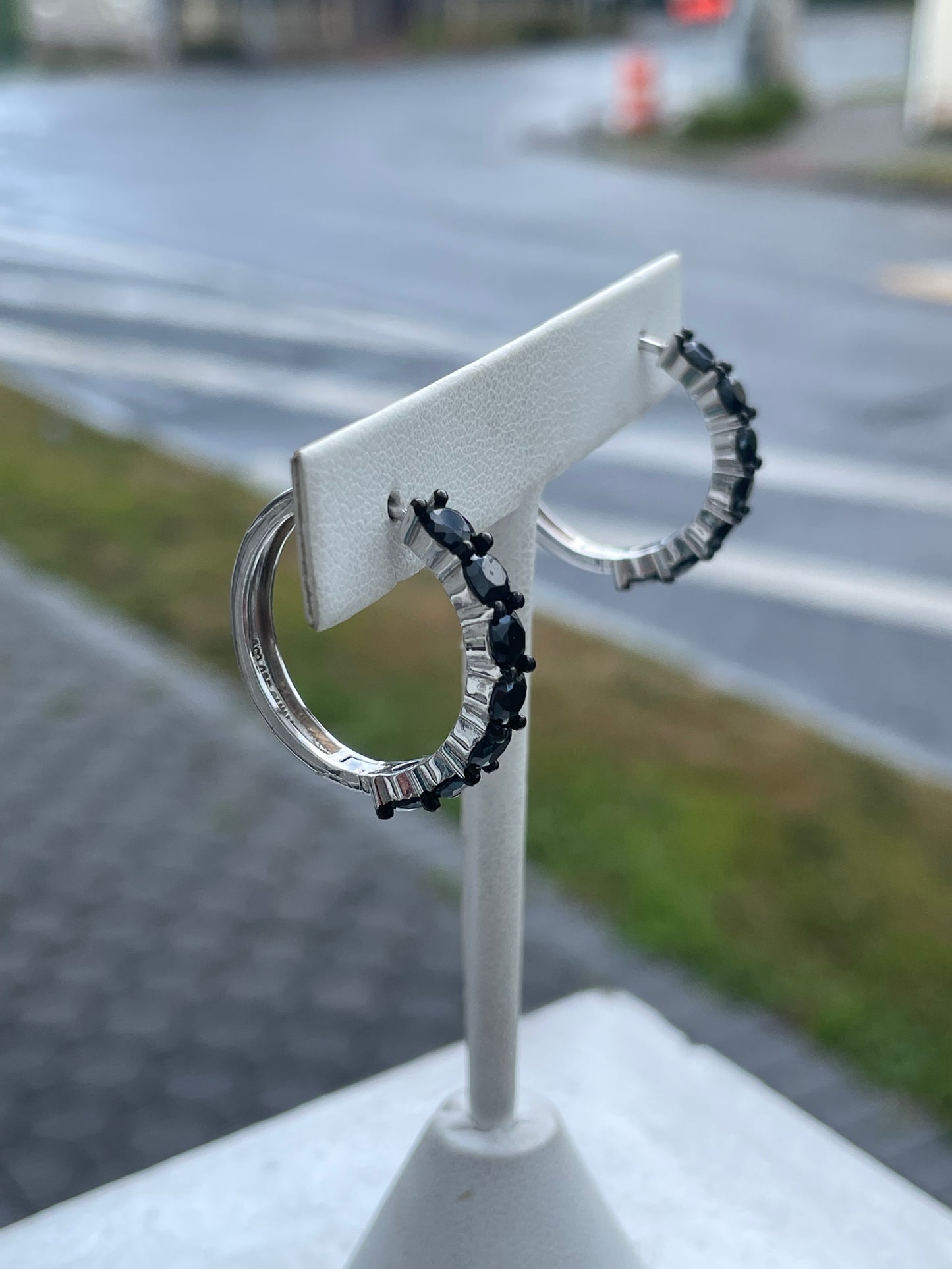 925 Sterling Silver Black Zirconia Hoop Earrings