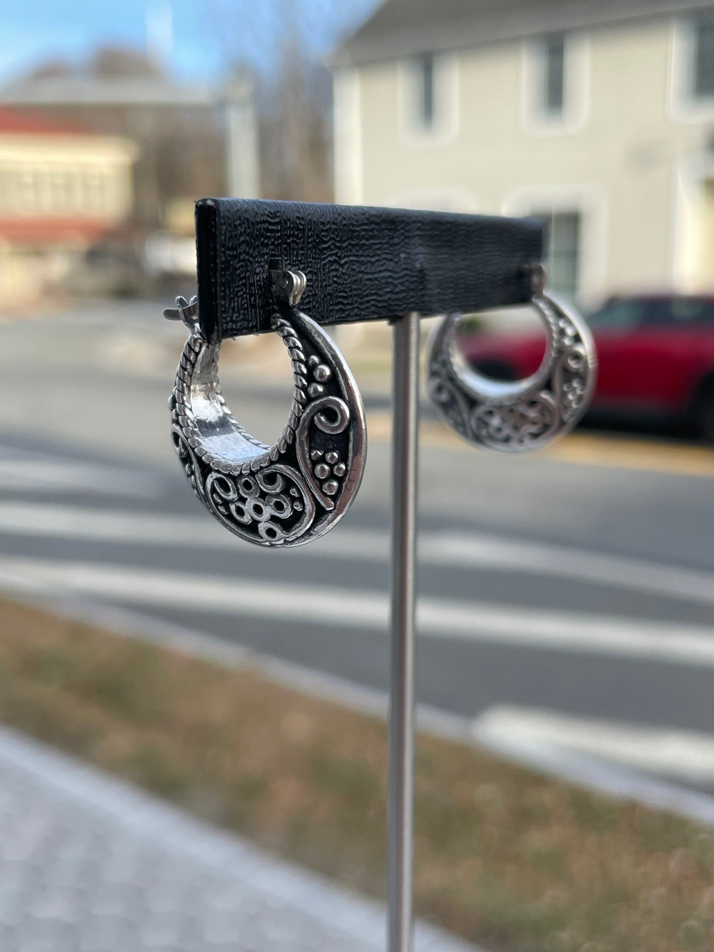 925 Sterling Silver Puff Bali Hoop Earrings