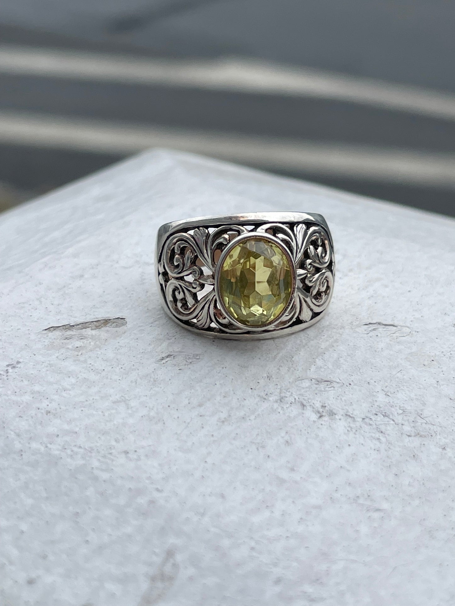 925 Sterling Silver Natural Lemon Citrine Filigree Band Ring Size 7