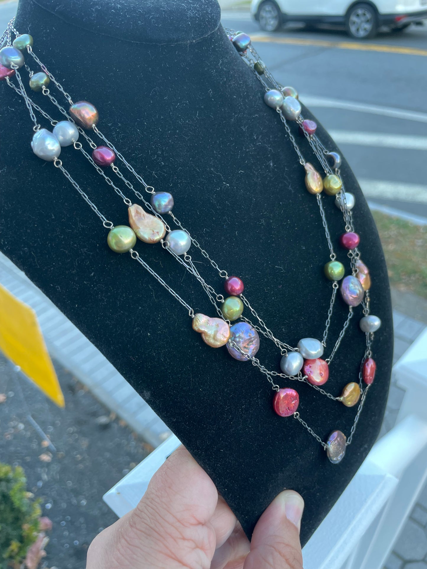 925 Sterling Silver Multi Colored Mother of Pearl Tiered Necklace