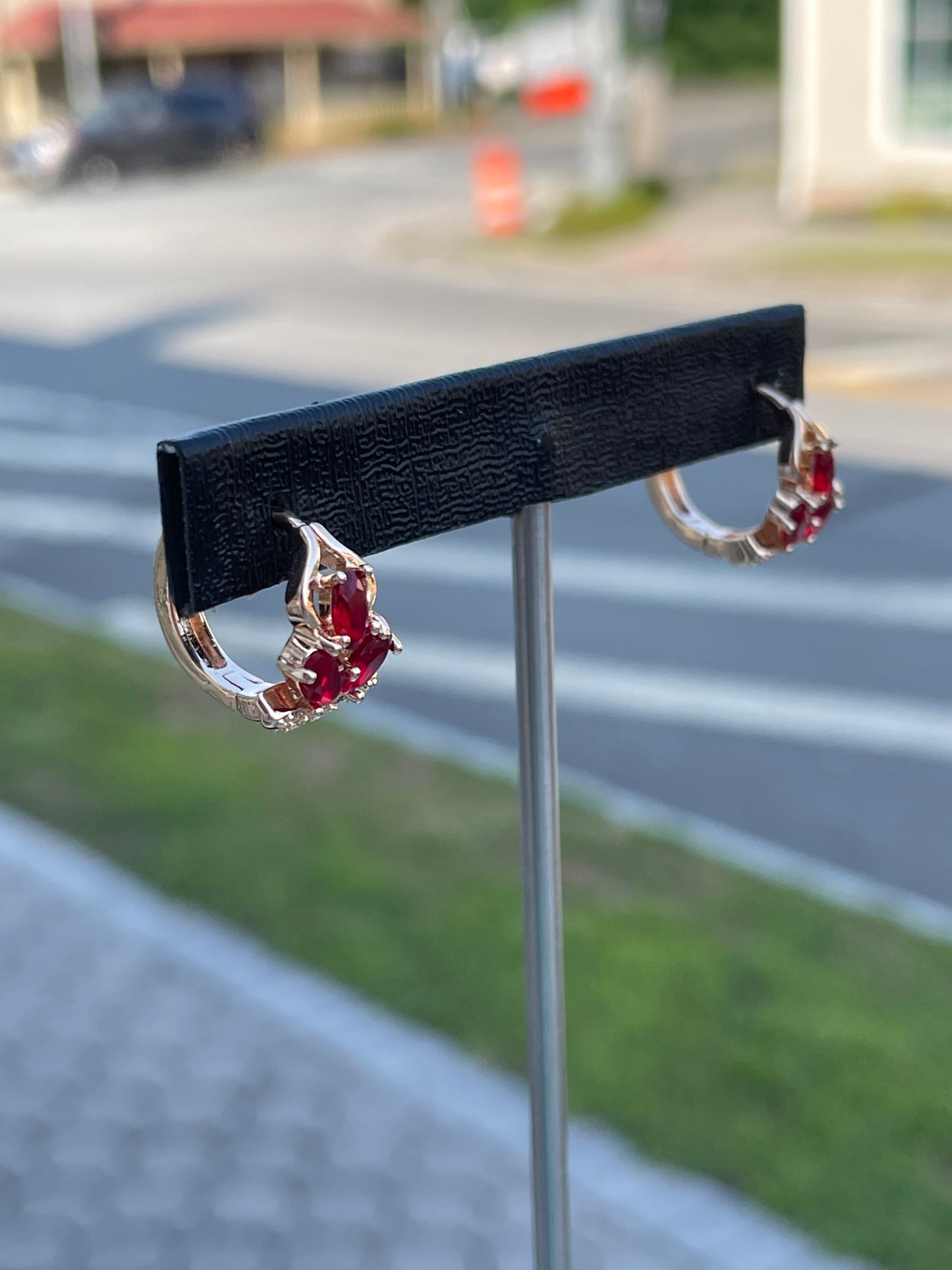 Stainless Steel Rose Vermeil Simulated Ruby Floral Huggie Earrings