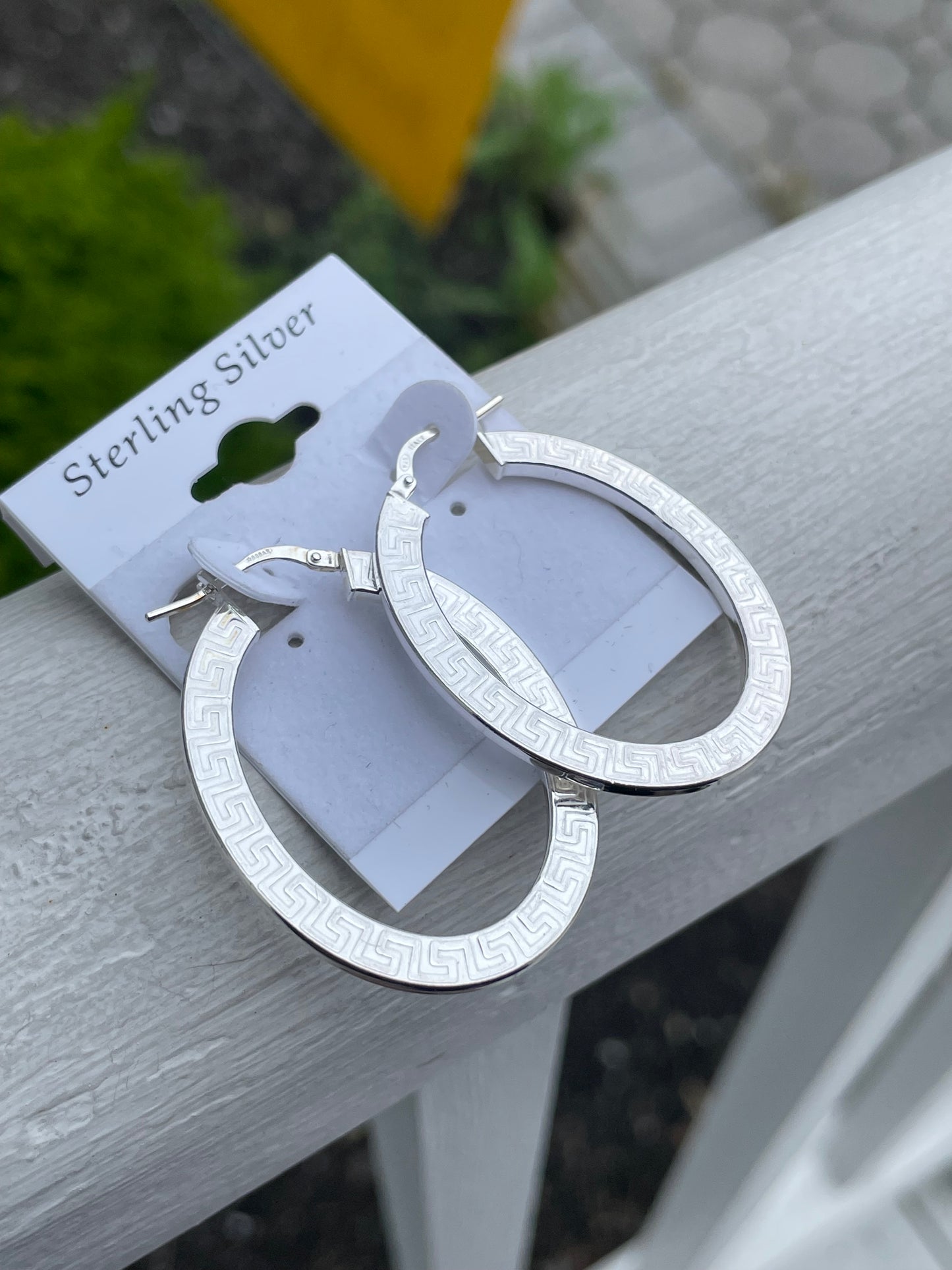 925 Sterling Silver Greek Key Oval Shaped Earrings
