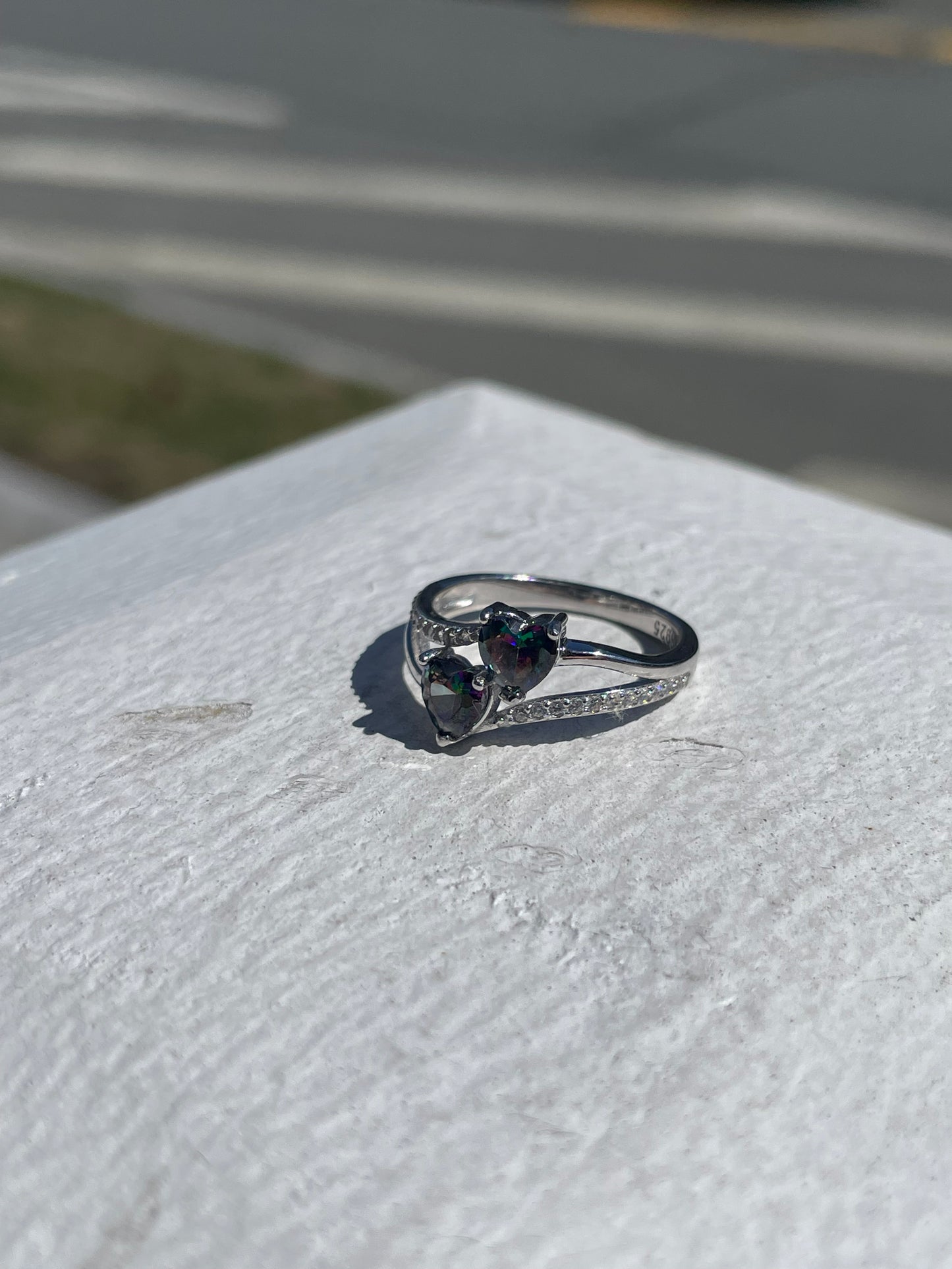 925 Sterling Silver Mystic Topaz & Cz Double Heart Cluster Ring Size 6
