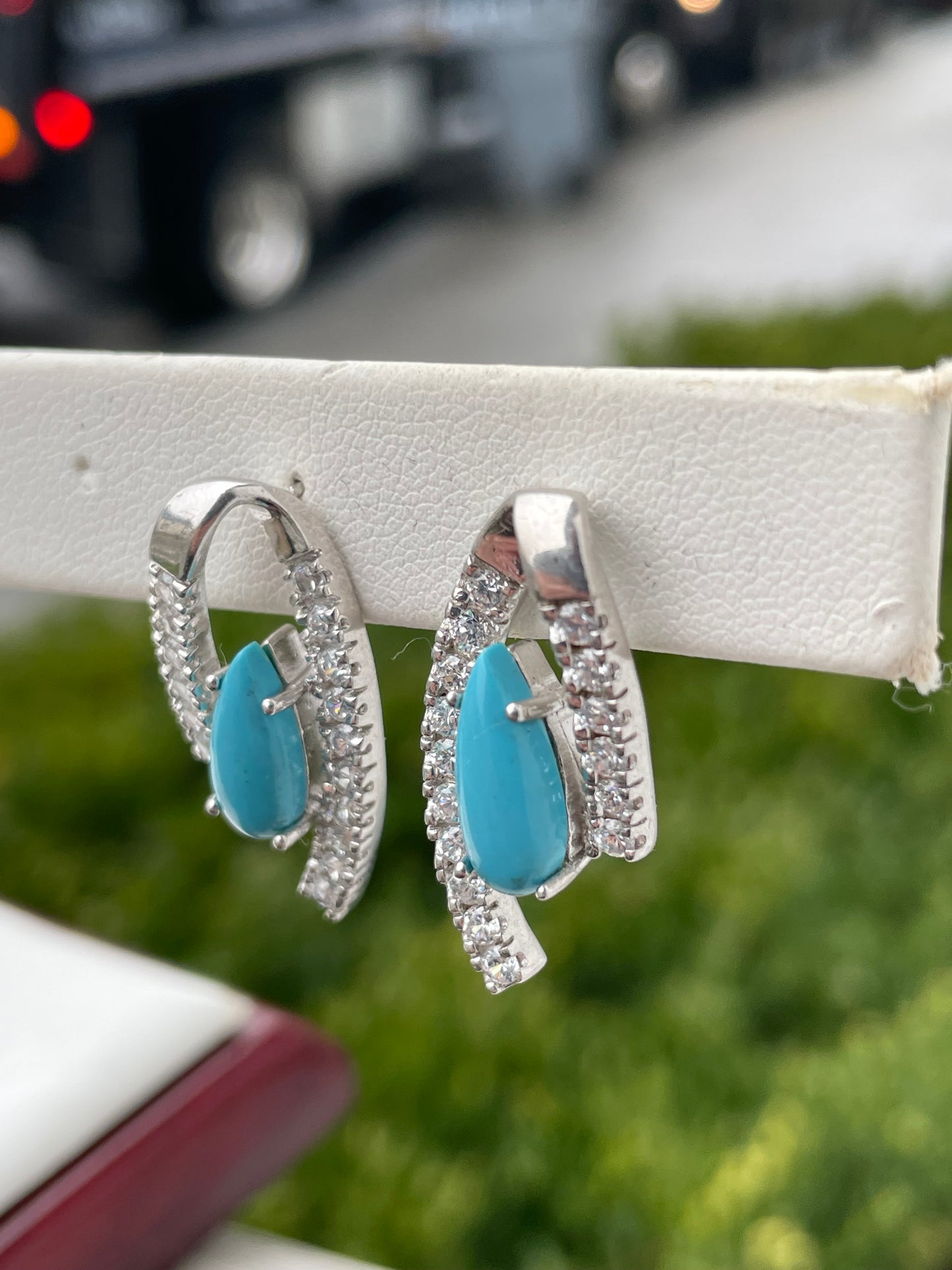 925 Sterling Silver Turquoise & Clear Zirconia Bypass Earrings