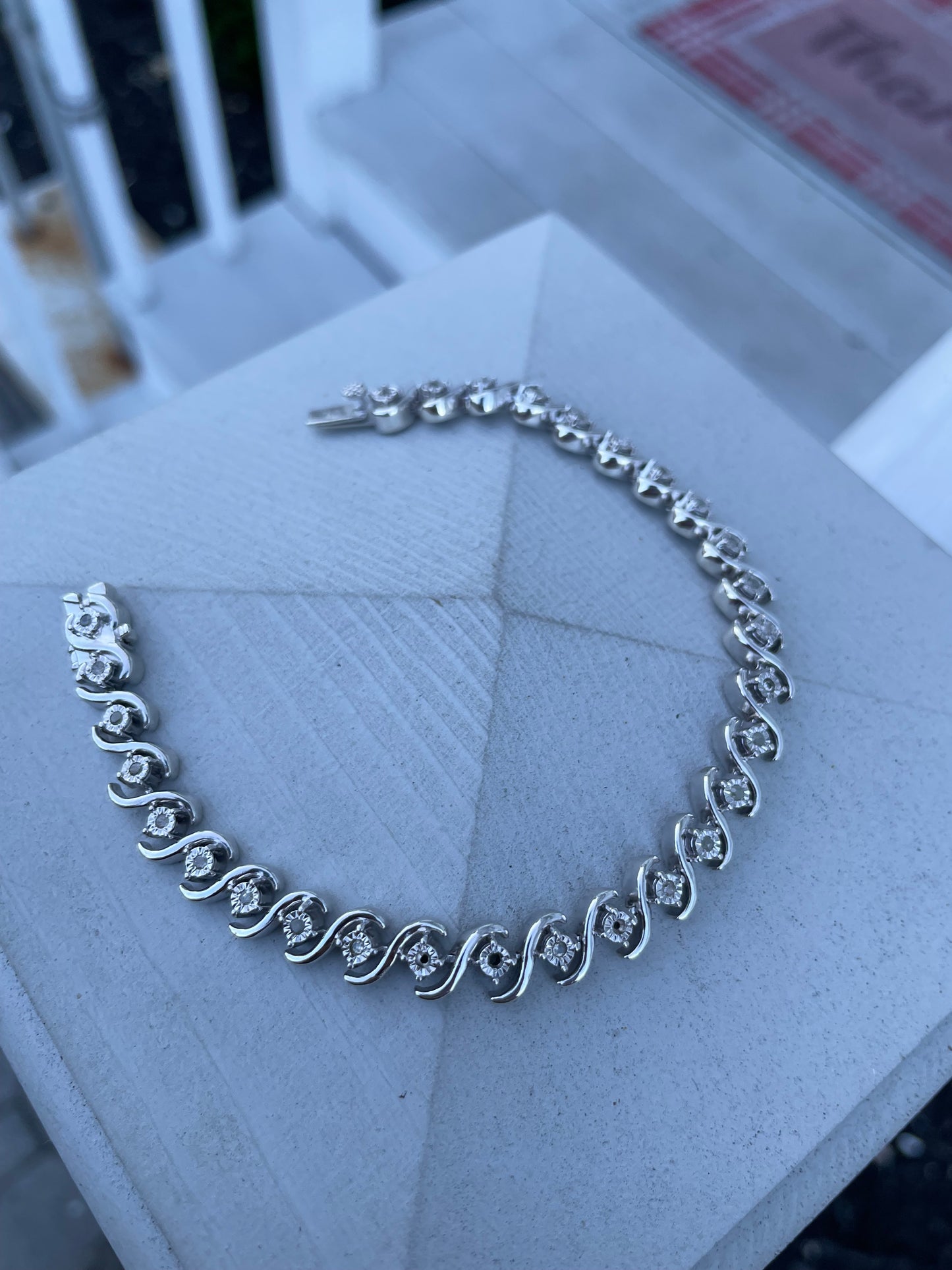 925 Sterling Silver S Design Diamond Tennis Bracelet 7.25”