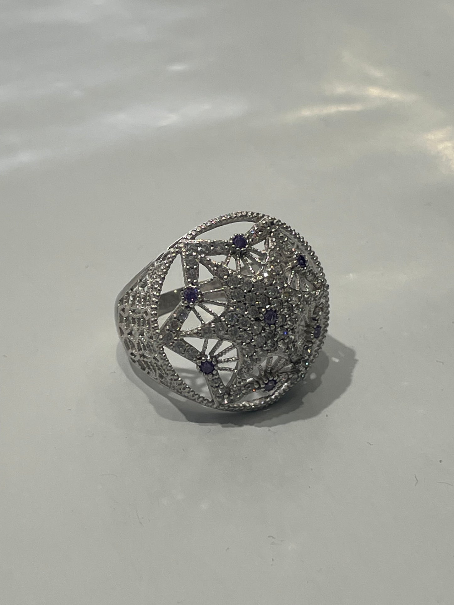 925 Sterling Silver Purple & Clear Zirconia Dream Catcher Ring Size 8