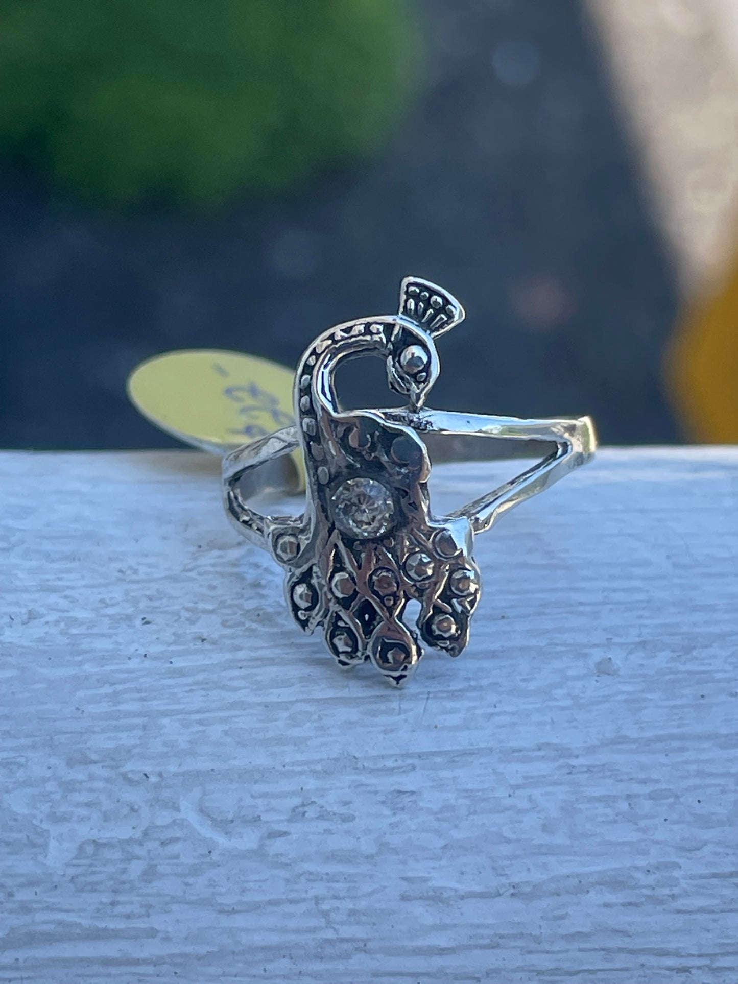 925 Sterling Silver Peacock Ring with Marcasite stones size 7.5