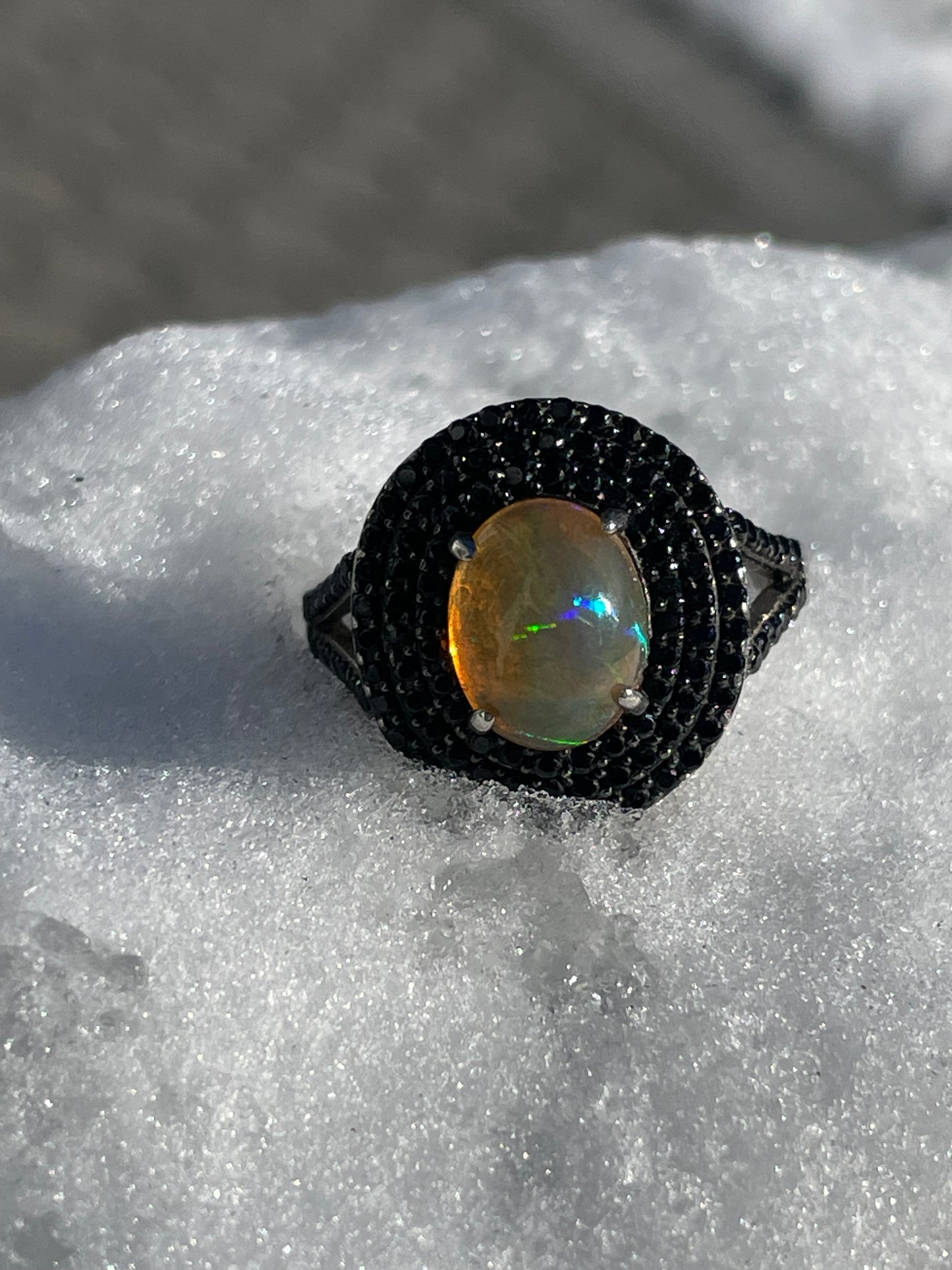 925 Sterling Silver Opal & Black Zirconia Cluster Ring Size 9.5