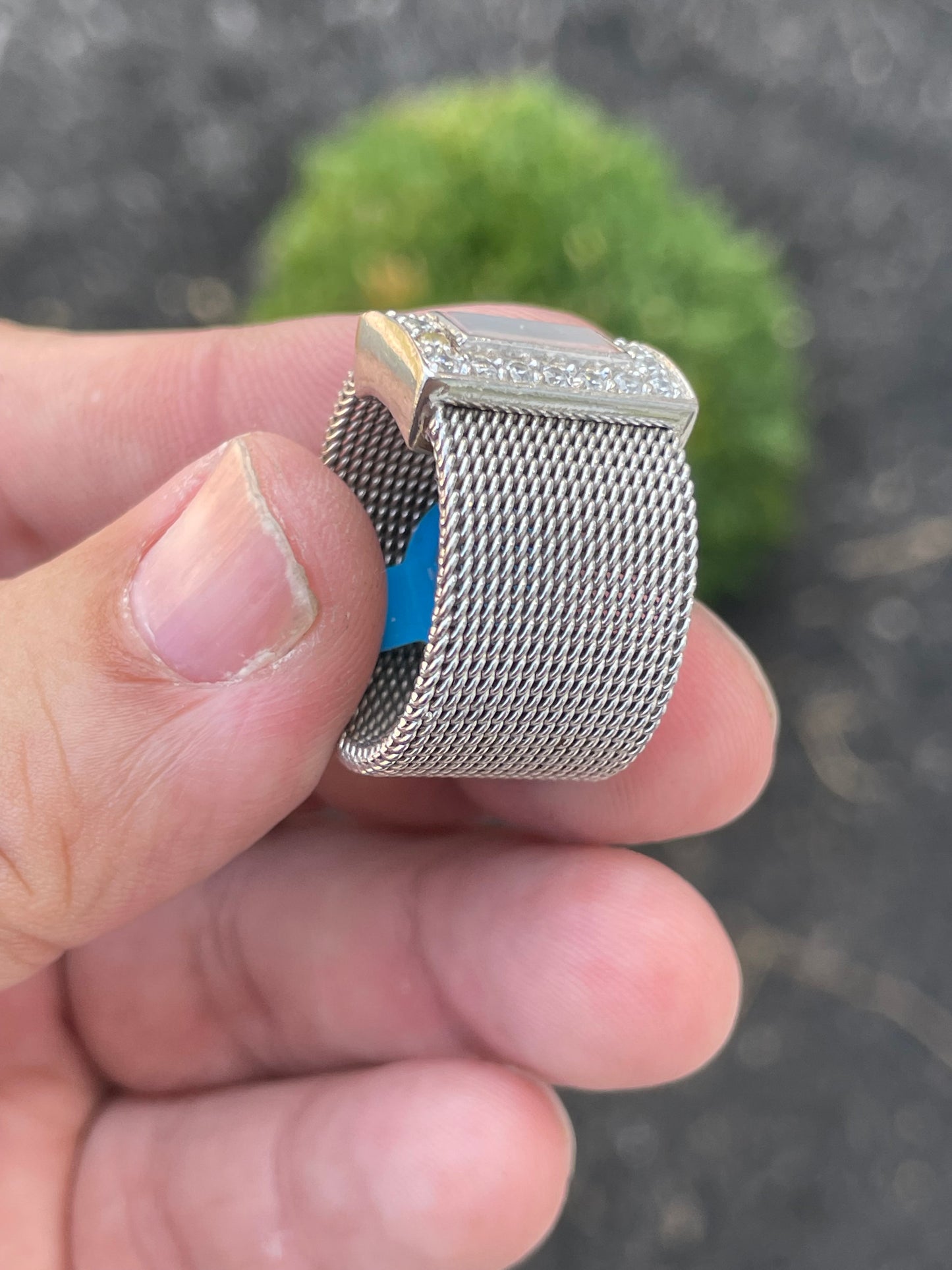 925 Sterling Silver Hard Mesh Somerset Wide Mother of Pearl & Cz Ring