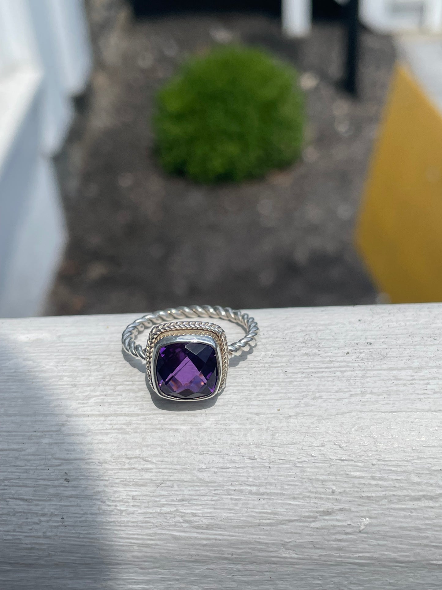925 Sterling Silver Cushion Cut Amethyst Cable Band Ring Size 9