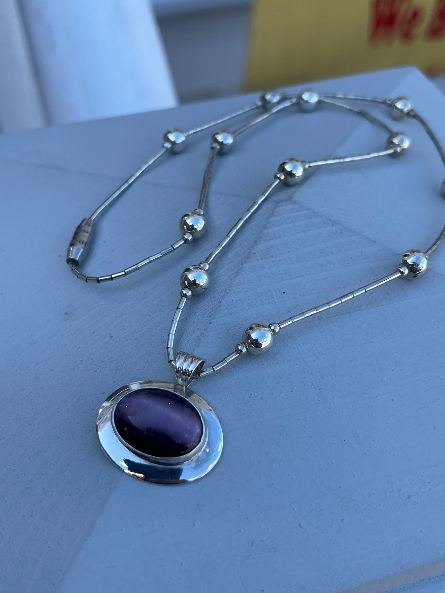 925 Sterling Silver Purple Cats Eye Beaded Necklace