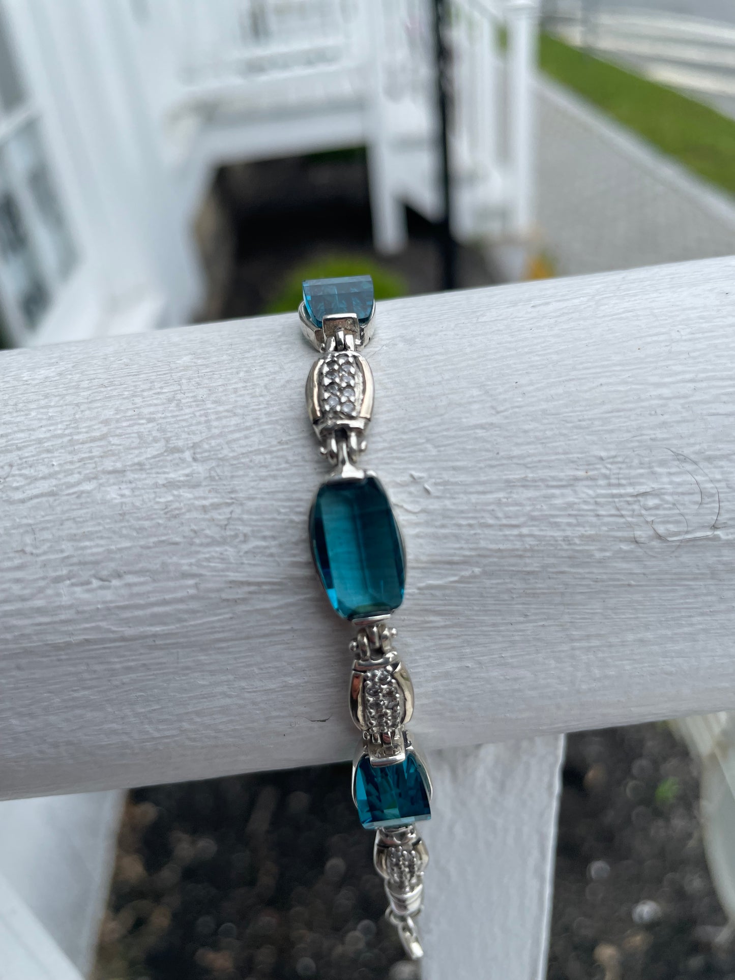 925 Sterling Silver Prussian London Blue Topaz & Zirconia Tennis Bracelet 7.5”