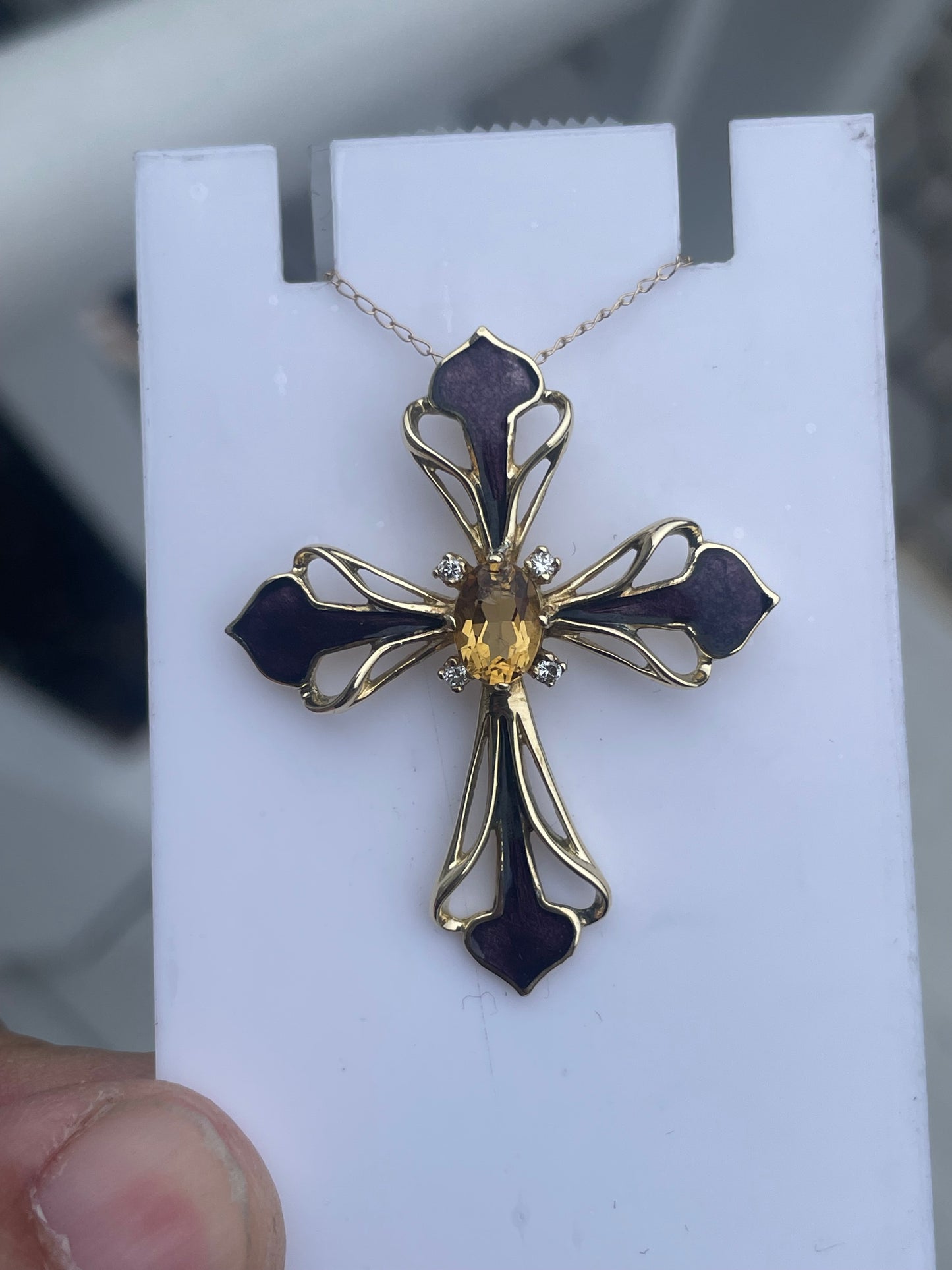14k Gold Citrine Diamond & Purple Enamel Fancy Cross Necklace Signed FM 86.