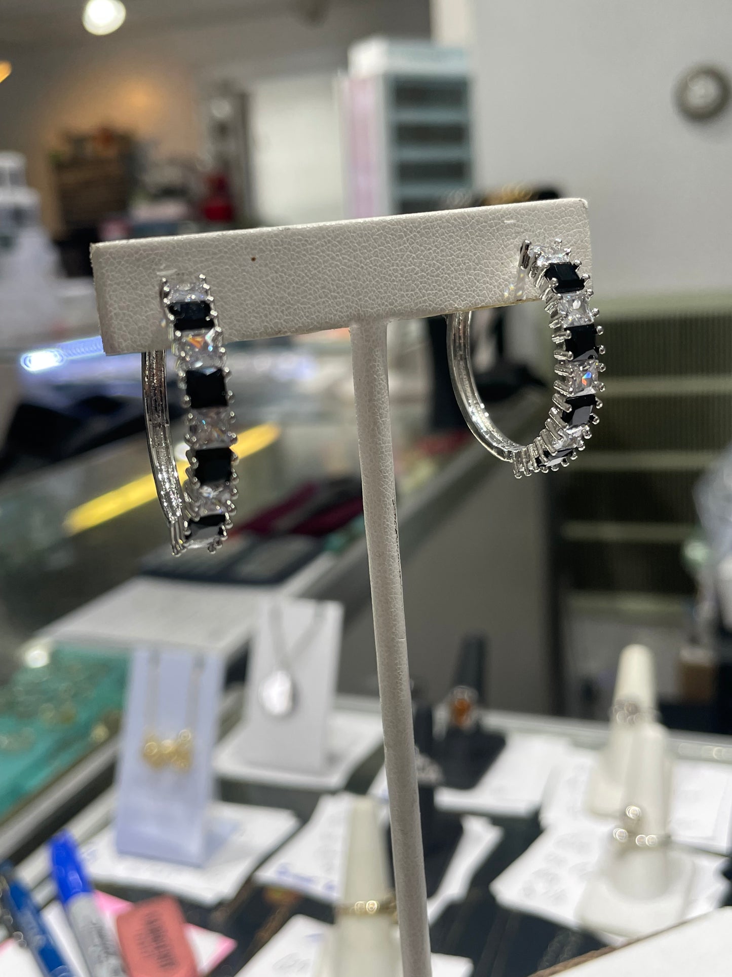 Silver Plated Black & White Zirconia Hoop Earrings