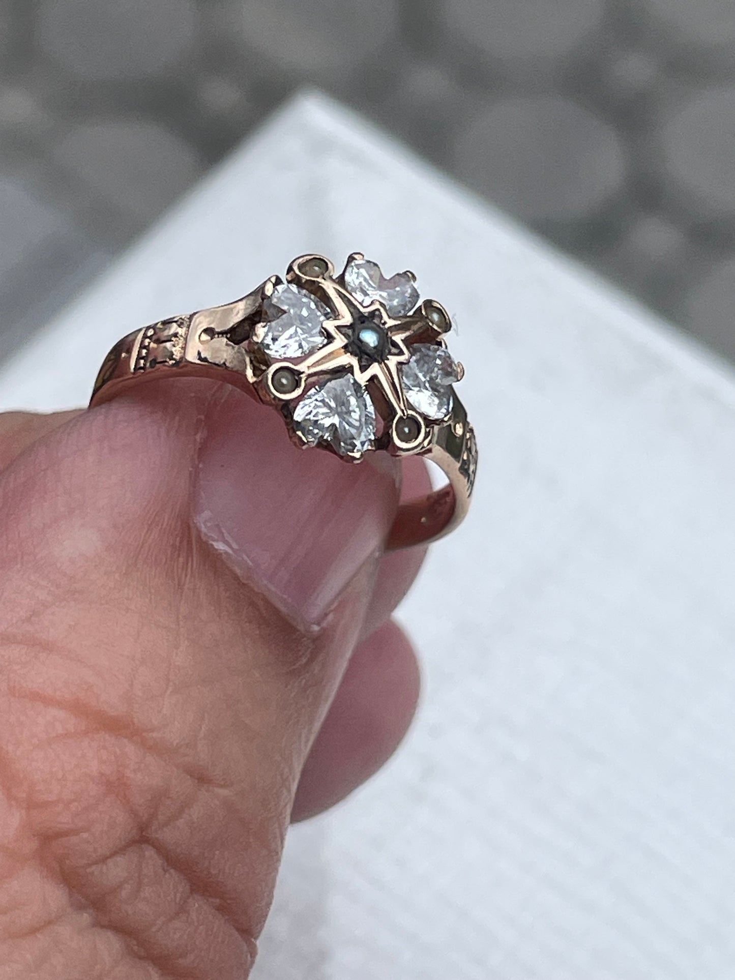 14k Rose Gold Antique Heart Cz & South Sea India Pearl Cluster Ring Size 7