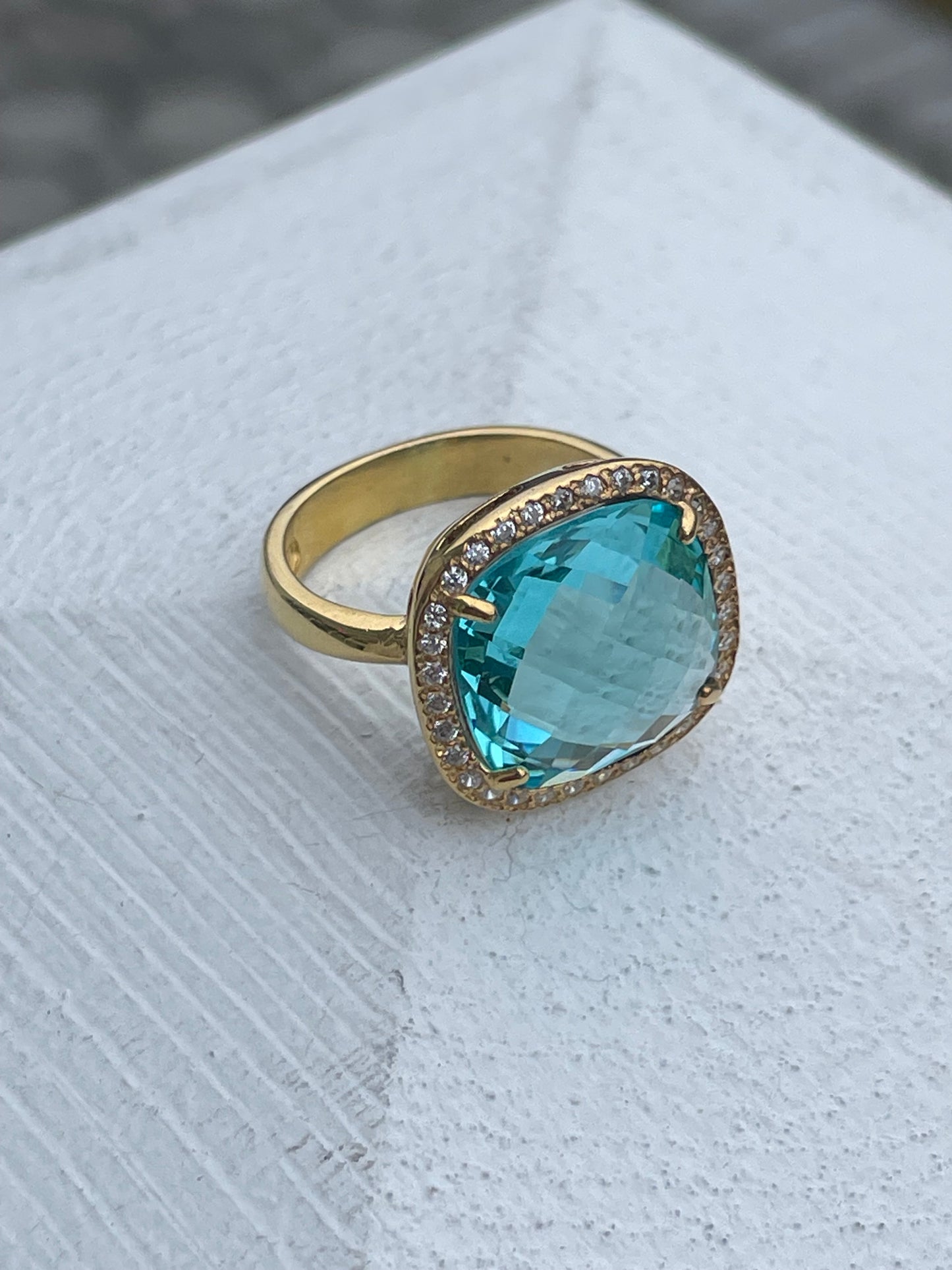 925 Sterling Silver Vermeil Caribbean Blue Topaz 14x14mm Albion Ring Size 8