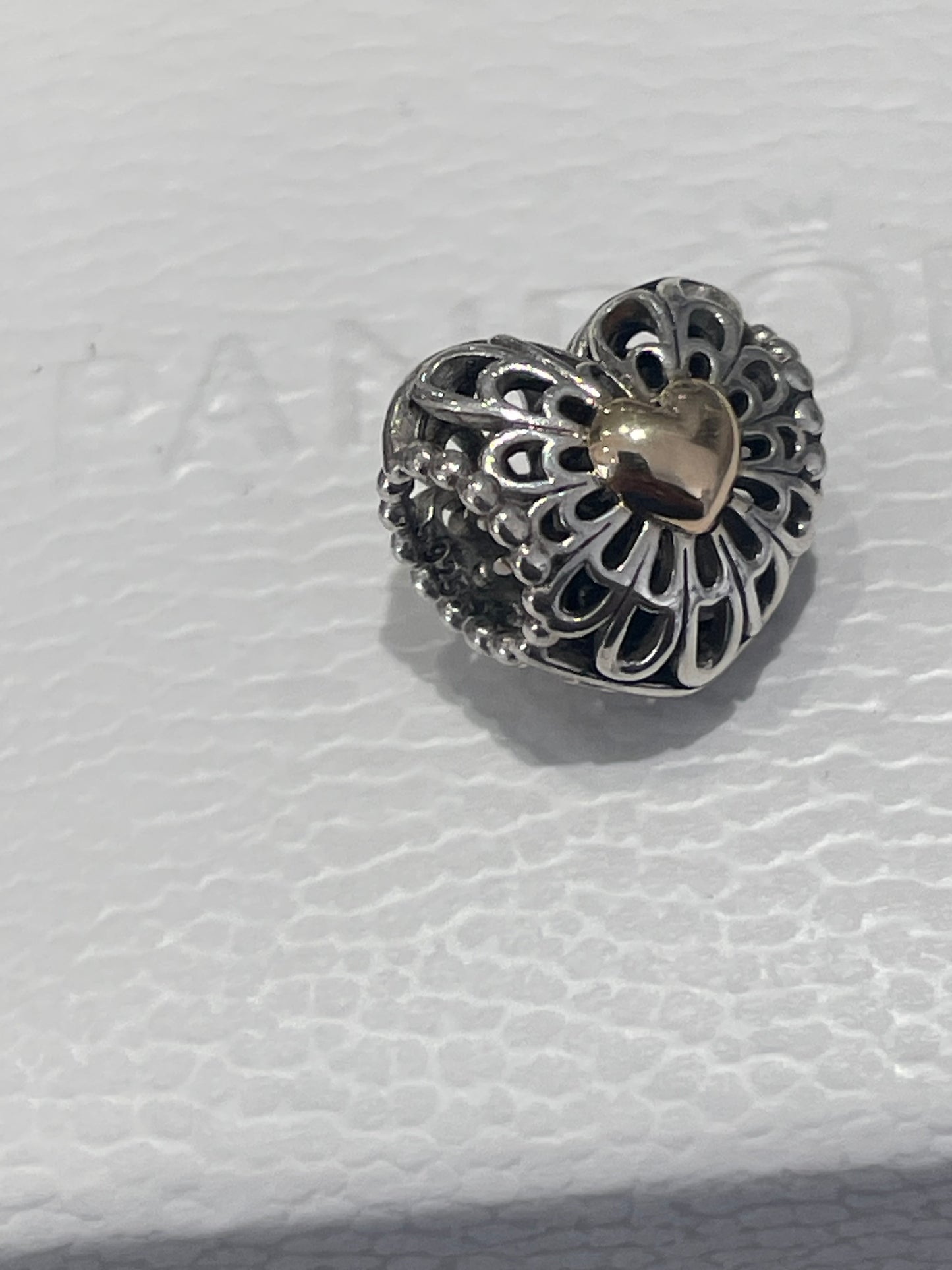 Retired Pandora Two Tone Vintage Heart Charm 925 & 14K Gold 791275