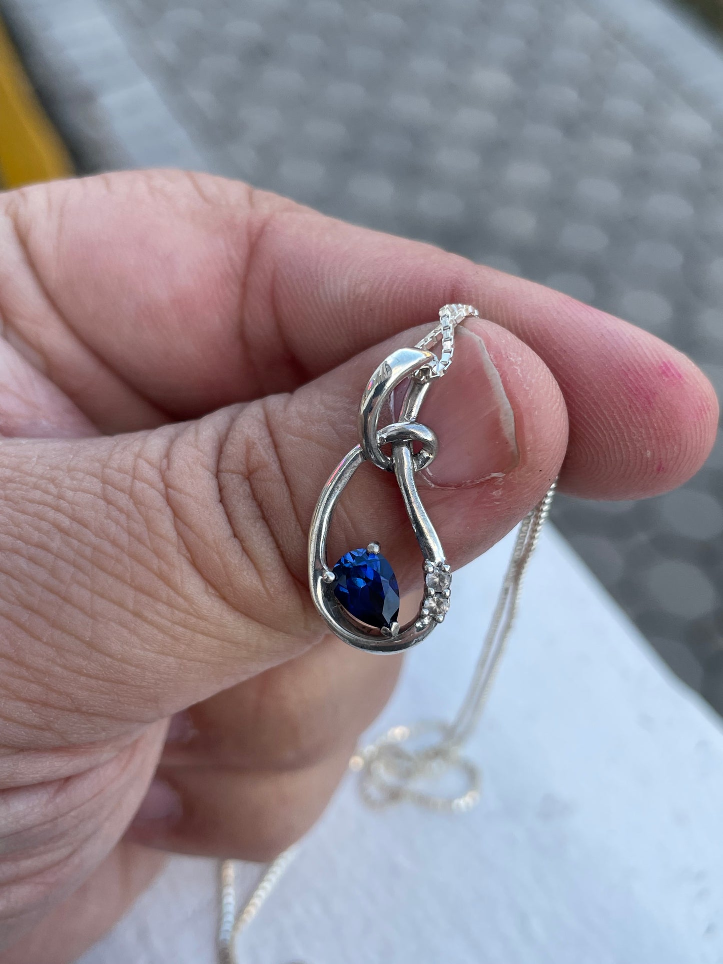 925 Sterling Silver Abstract Pear Shaped Lab Sapphire Necklace