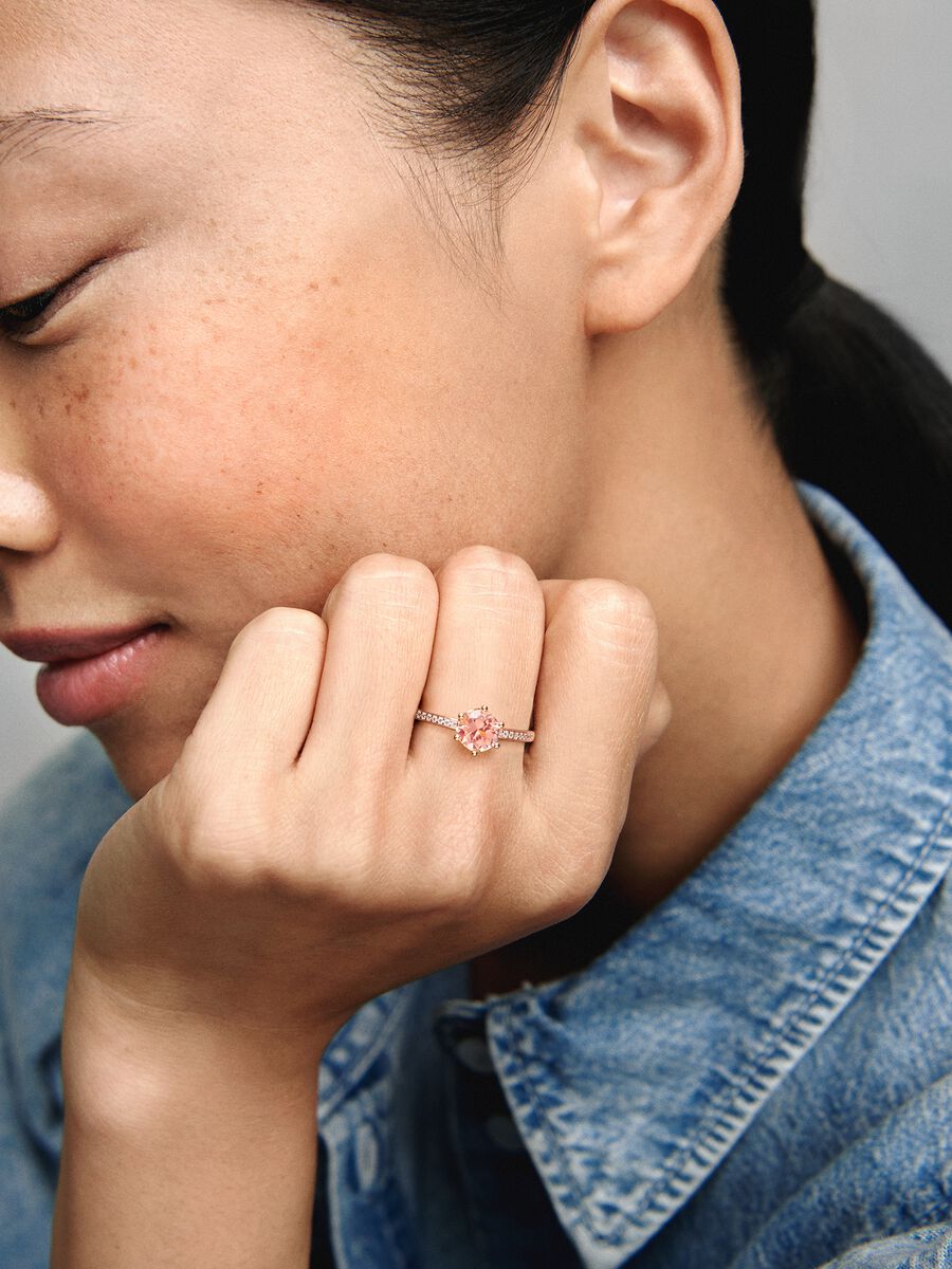Pandora Pink Sparkling Crown Solitaire Ring w/ 14k rose gold plating 188289C01 Size 8.5