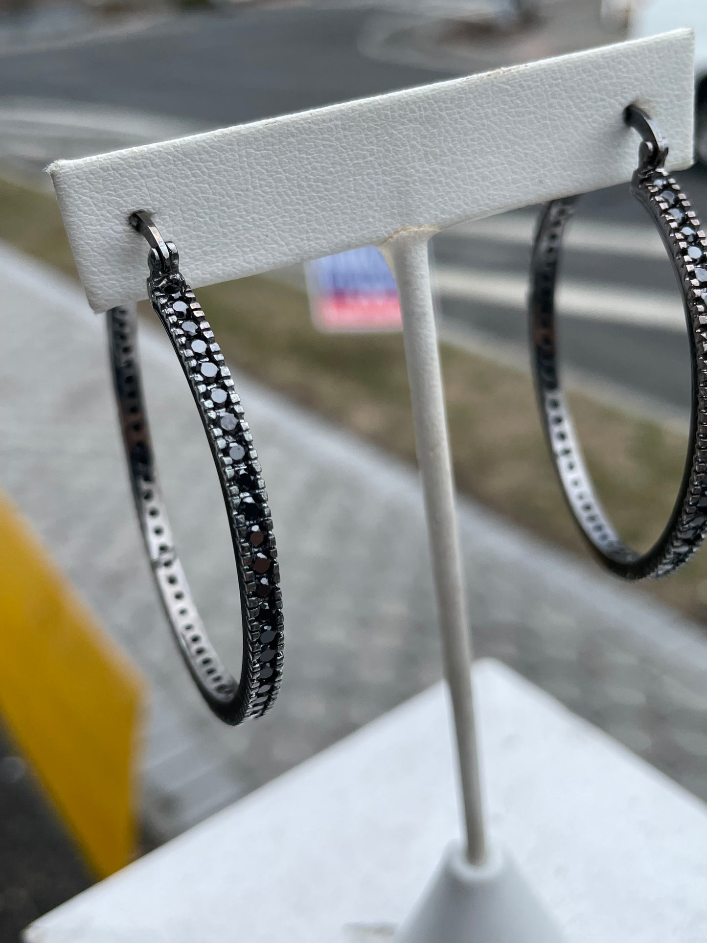 925 Sterling Silver 50mm Black Zirconia Hoop Earrings