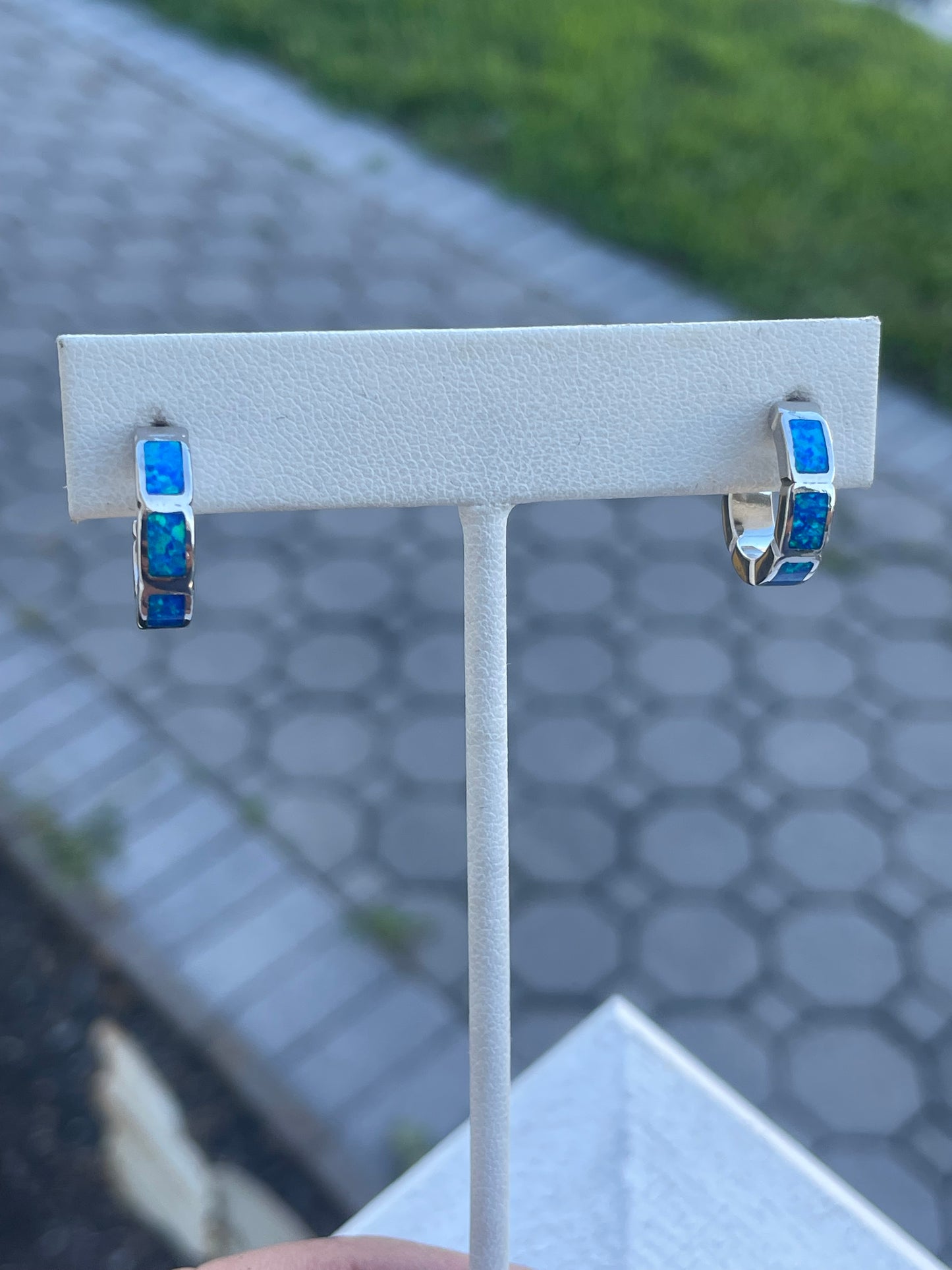 925 Sterling Silver Blue Opal Hoop Earrings